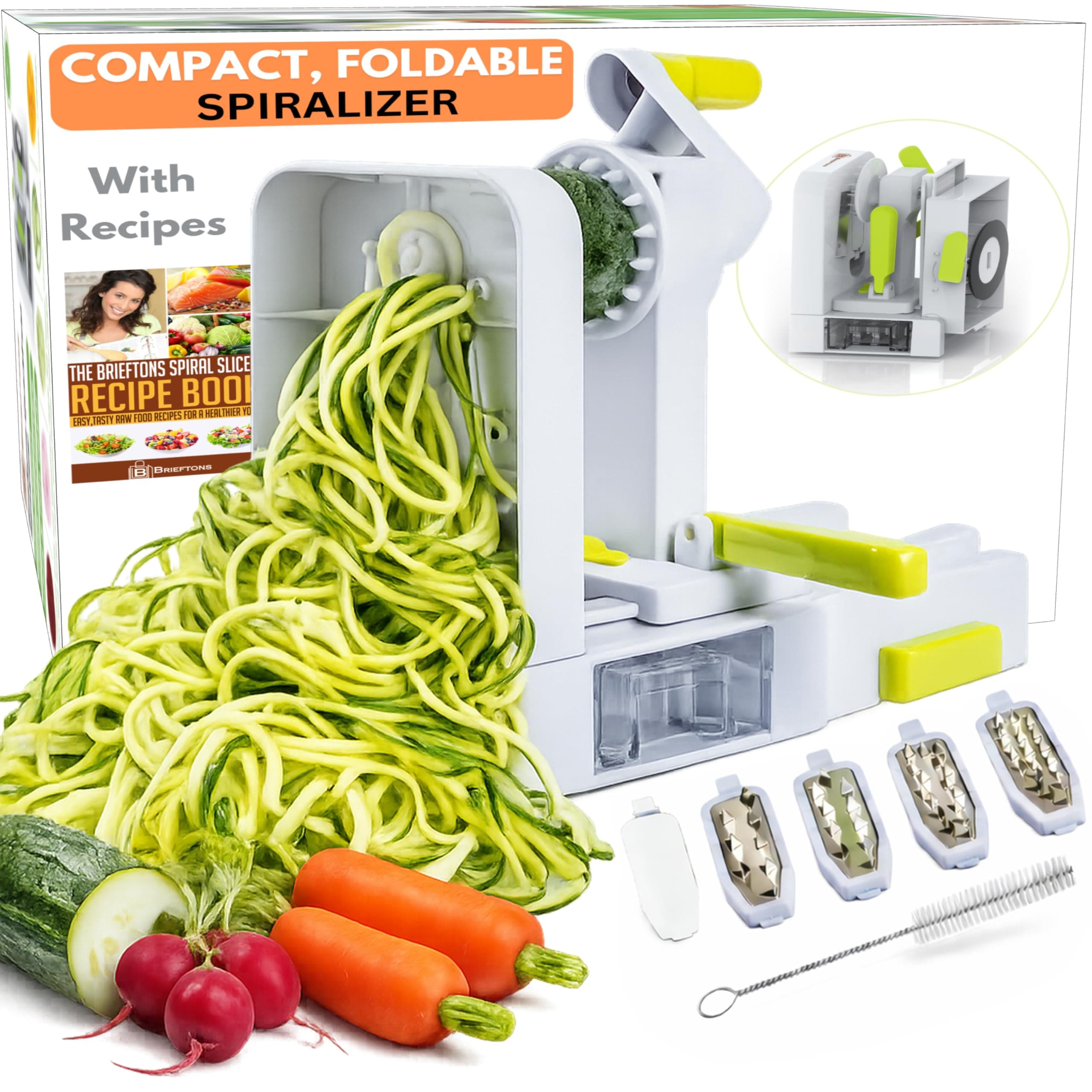 QuickFold 5-Blade Spiralizer: 2018 Model, Versatile & Compact Foldable Vegetable Spiral Slicer, Best Veggie Pasta Spaghetti Maker for Low Carb/Paleo/Gluten-Free with Brush & 3 Recipe Ebooks