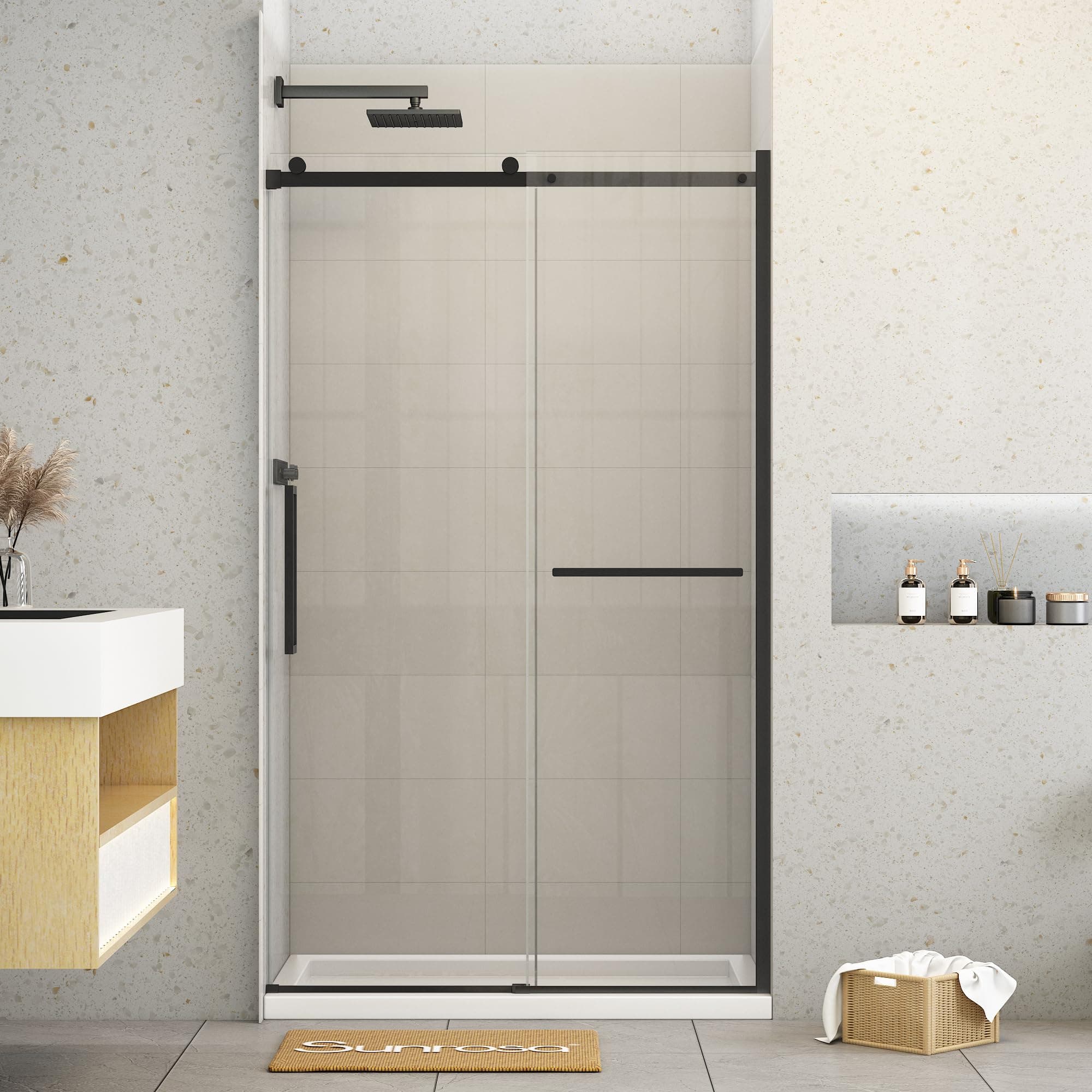 Sunrosa Shower Doors 48"×76", Single Sliding Shower Doors, Shower Door with Tempered Glass, Shower Glass Door in Matte Black