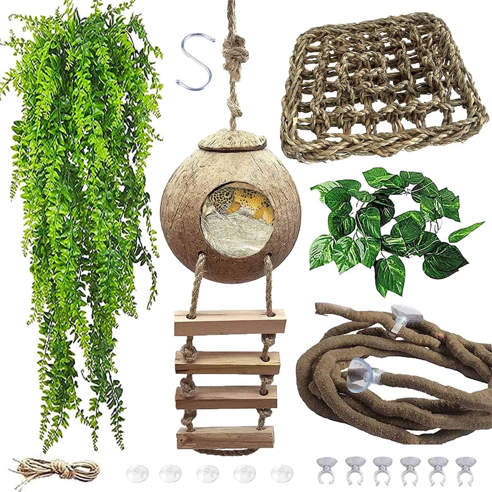 Lizard Coco Den with Ladder,Leopard Gecko Coconut Husk Hut Hideout Home Reptile Hammock Climbing Hanging Plants Decor Habitat Tank Accessories for Bearded Dragon Snake Chameleon