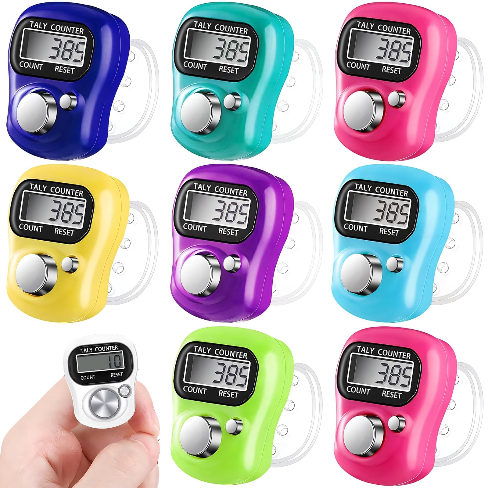 9 pcs Finger Counter Electronic Counter Lap Counter Useful Electronic Row Counter Finger Ring Digit Marker LCD Tally Counter(Red/Purple/White/Pink/Light Green/Blue/Navy Blue/Sky Blue/Orange)