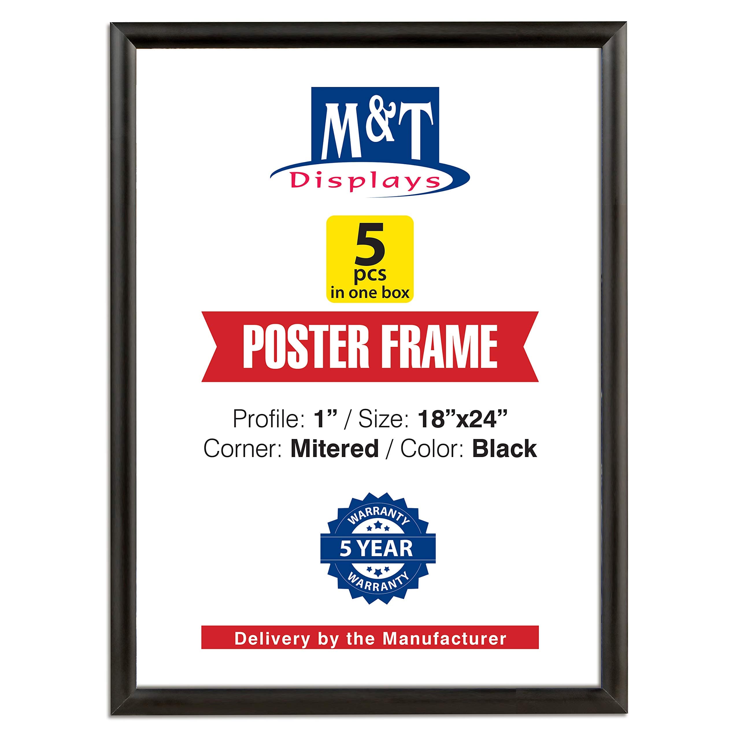 M&T Displays Picture Frame 18x24 Inch, Front Loading Diploma Frame, 1" Aluminum Profile Size - 5 Pack (Black)