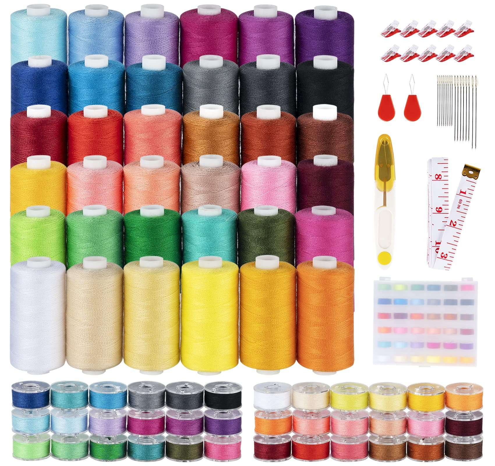 ilauke 700Yards Sewing Thread, 72Pcs Prewound Bobbins and Thread Spools per Polyester Sewing Thread Spools, 36Colors Machine Thread for Sewing Brother Singer Janome Machine with Sewing Supplies