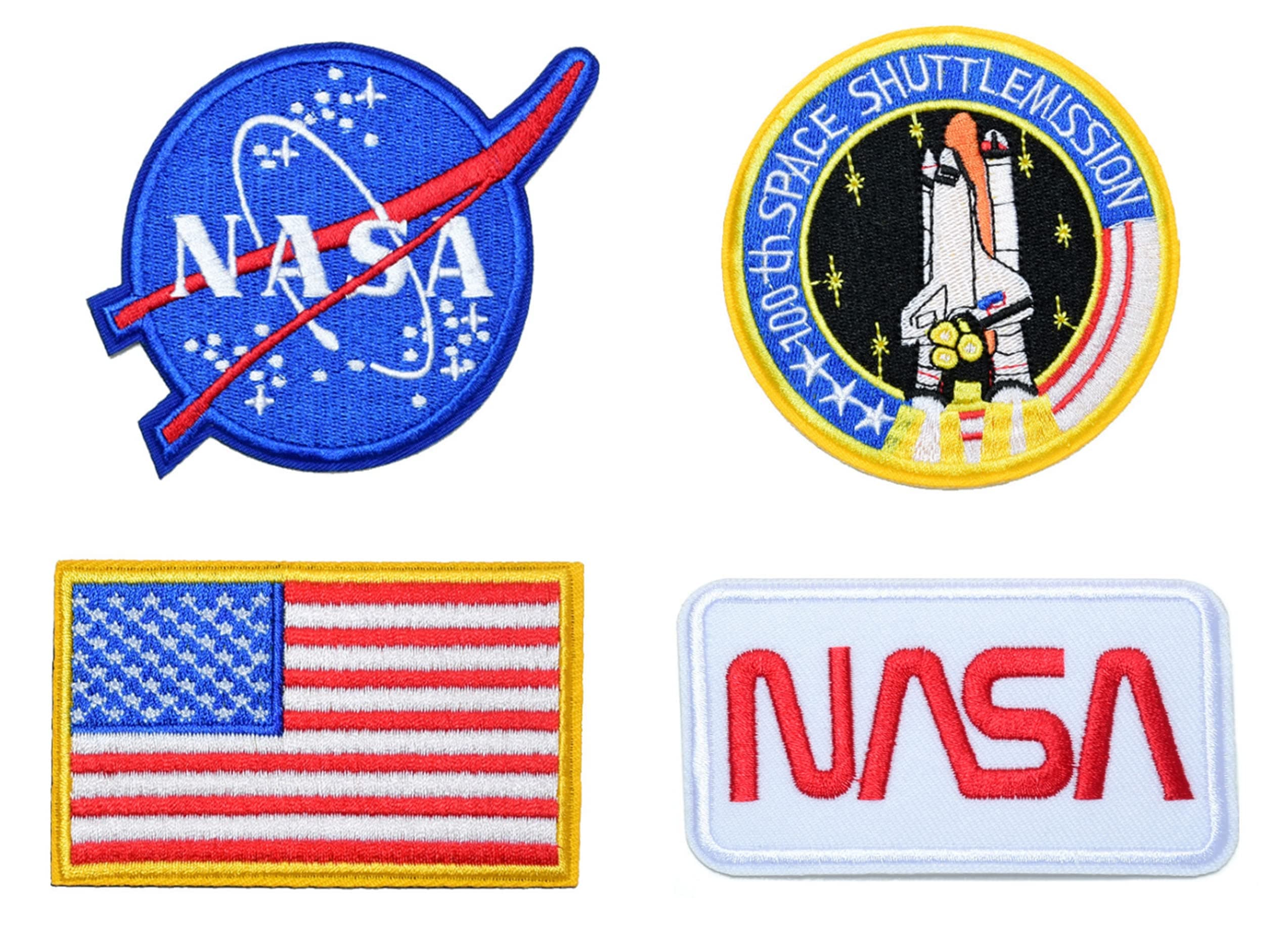 SpaceAuto Bundle 4 Pieces Iron on or Sew on Military Tactical Morale Badge Emblem Patch - NASA Logo,100th Space Shuttle Mission, Golden Red USA Flag, NASA