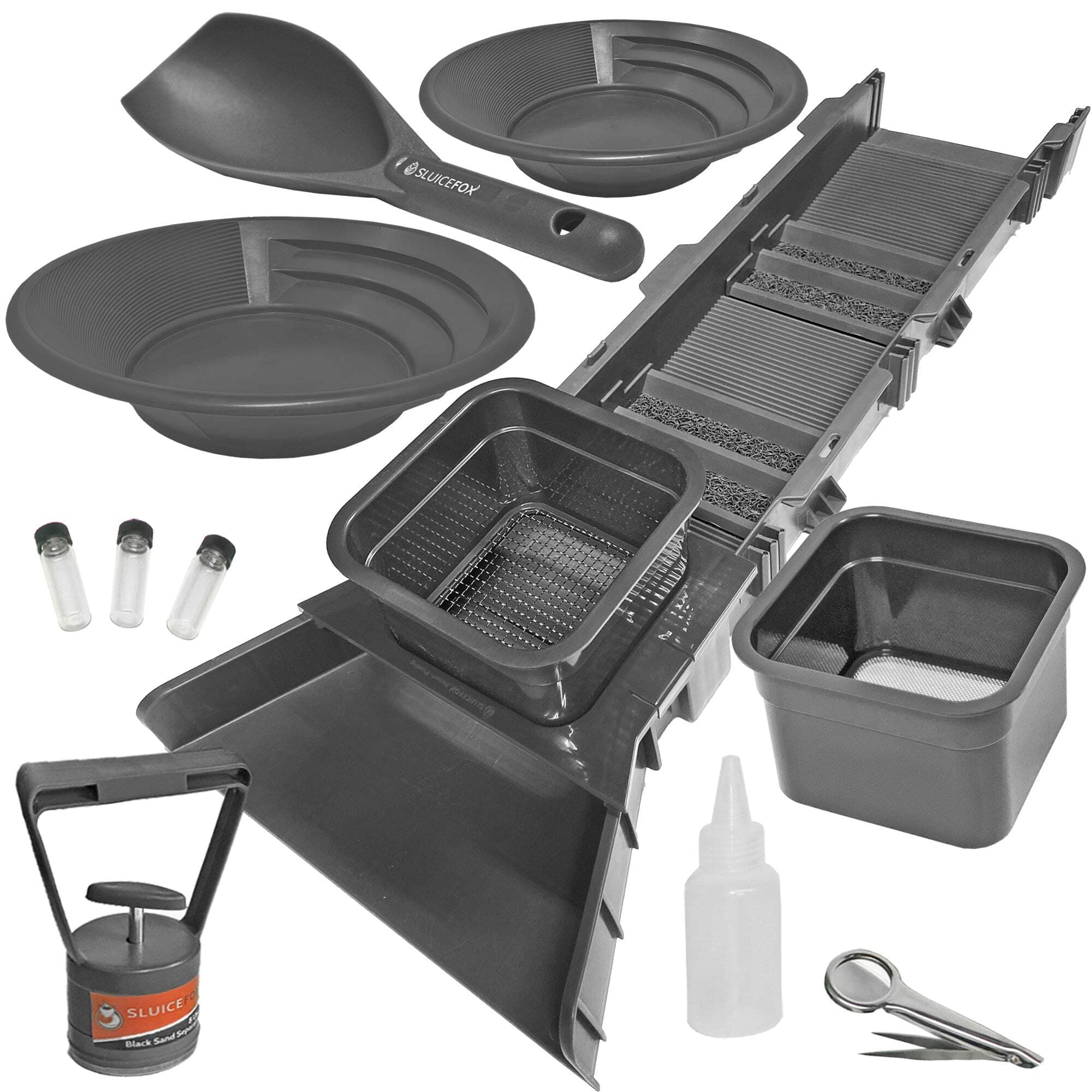 Sluice Box Compact Gold Panning Kit; Portable Sluice Box and 2 Classifier sifting Pans; classify While You Sluice with This Patented Prospecting Tool Set (Green Color) Black 31" Kit