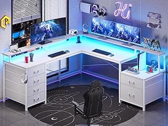 SEDETA L Shaped Desk with 6 Drawer, 108" Home Office Desk with File Drawer & Power Outlet, Corner Computer Desk with Monitor Shelf, File Cabinet, Two Person Desk, Gaming Desk with Led Lights, White