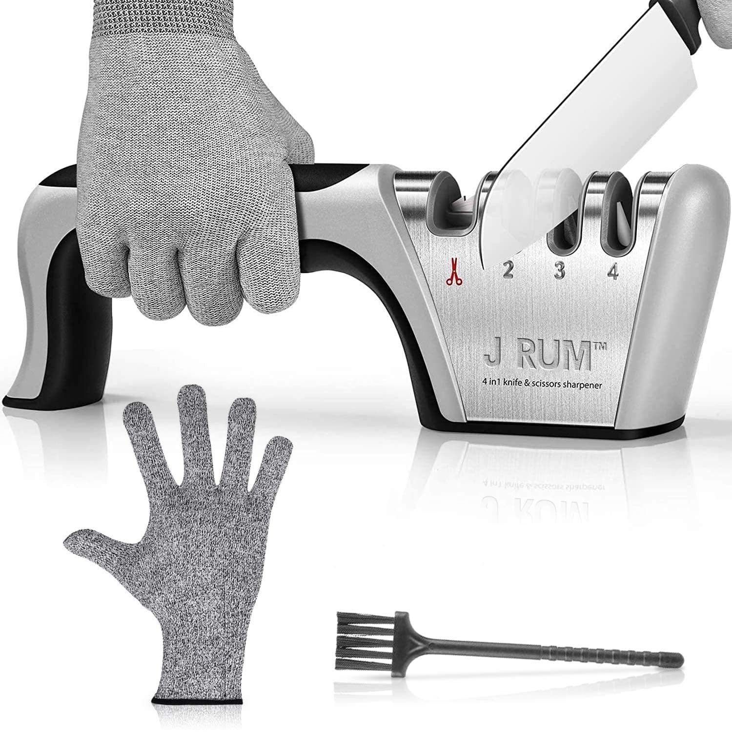 J RUM™ kitchen Knife Sharpener Scissor Sharpening 4 in 1, Stainless Steel , Non-slip Base and Ergonomic Design with Cut Resistant Glove and Cleaning Brush Perfect for Household and Chef’s Choice