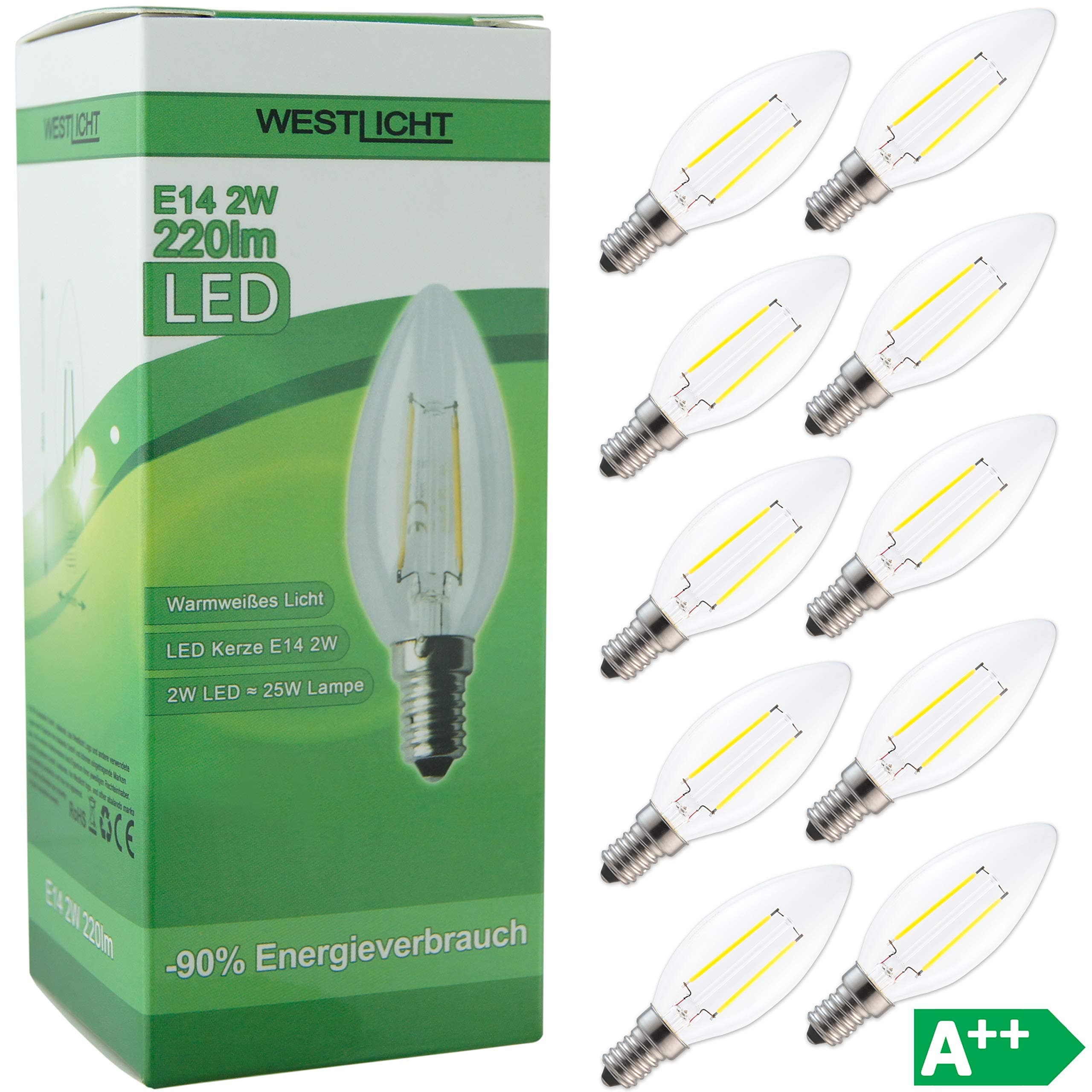 10x Westlicht E14 Filament LED candle light bulbs | Value Pack | AC 230V/2W 220 lumens 270° warm white [Energy Class A++]