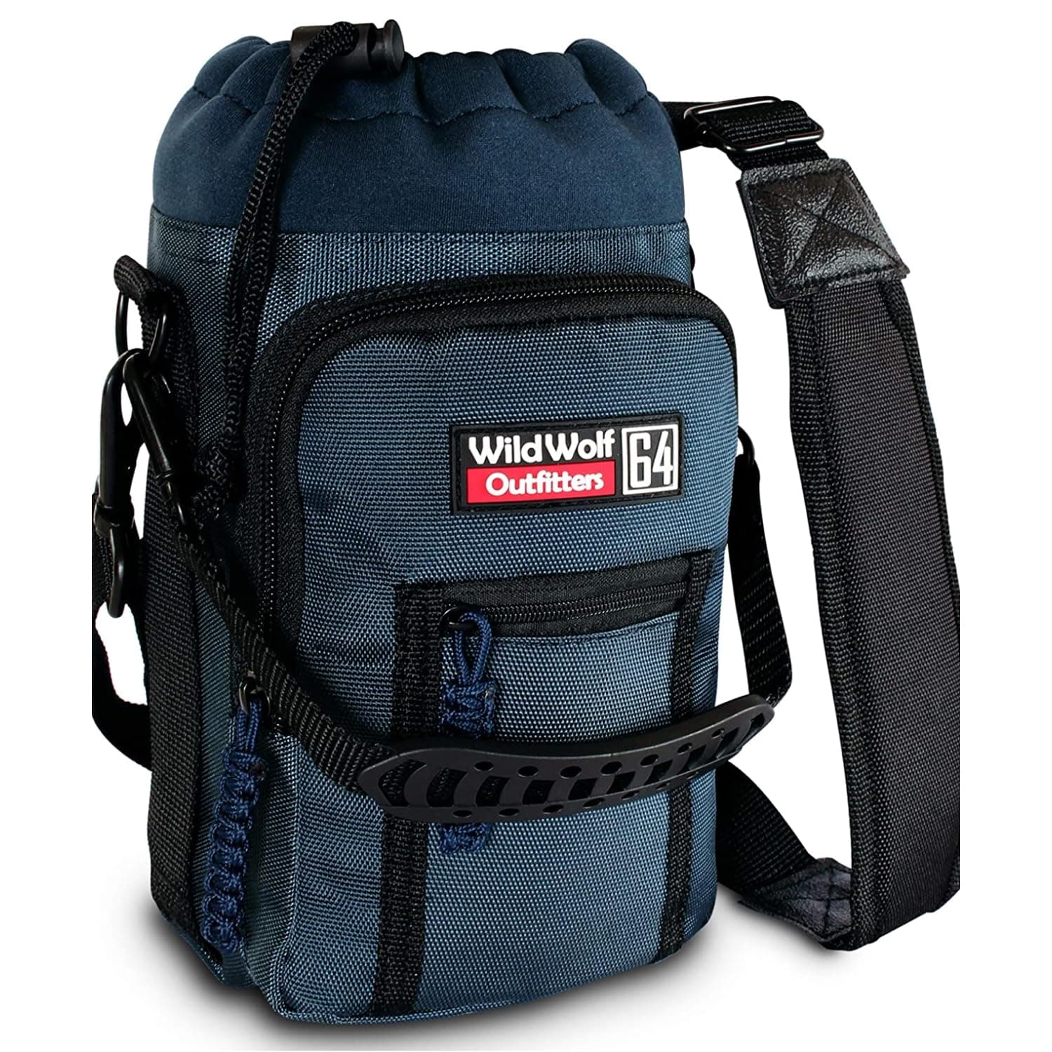 Water Bottle Carrier Holder with Adjustable Strap and 2 Pockets for Hands-Free Walking and Hiking | Navy, 1.9 L