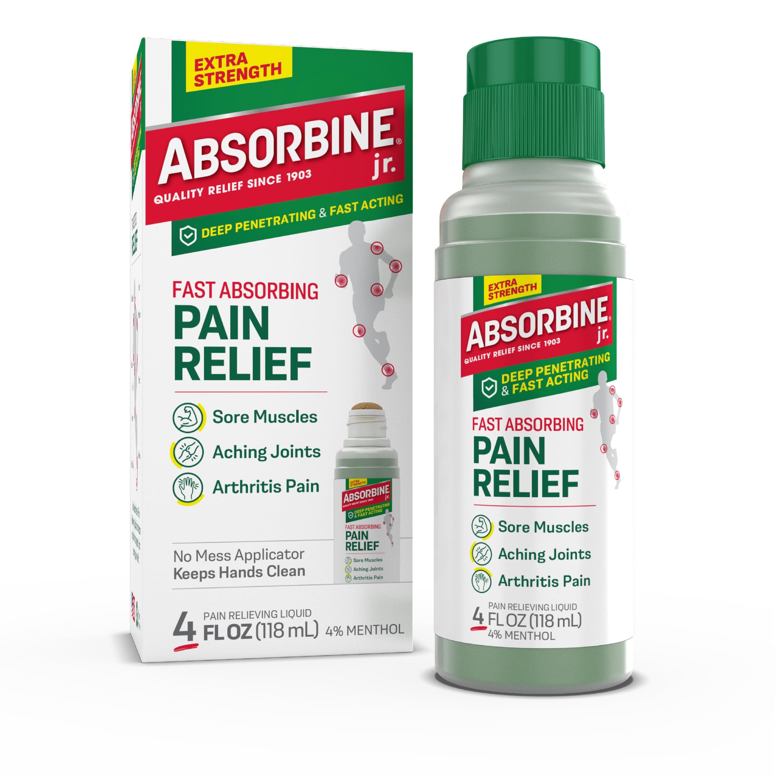 Absorbine Jr. Maximum-Strength Pain-Relieving Liquid - 4% Menthol Topical Relief for Muscle, Joint, Arthritis, & Nerve Pain - Fast-Acting Herbal Formula with No-Mess Applicator - 4 fl oz (Pack of 1)