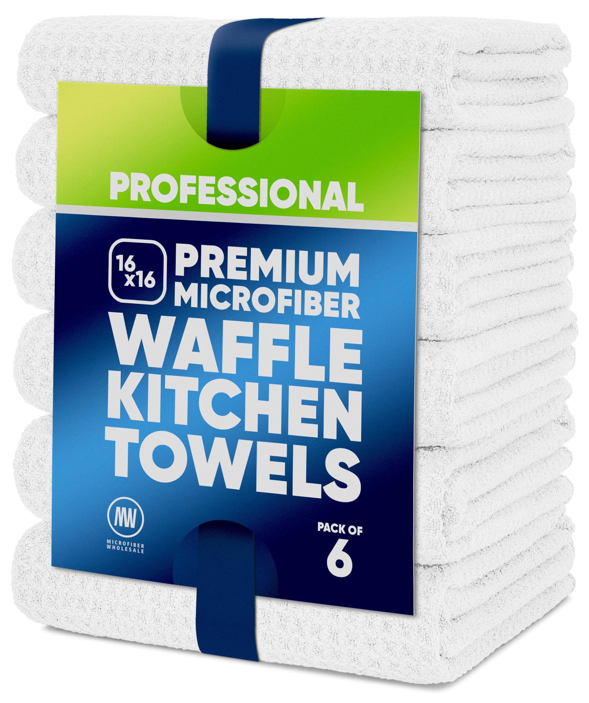 Kitchen Towels - Microfiber Waffle Weave Towels | White | 16 x 16 in. (6 Pack) | Absorbent, No Lint, Thick, Reusable, Commercial, Soft, Hand, Tea, Glass, Bar, Sublimation Blank, Polyester Cloths