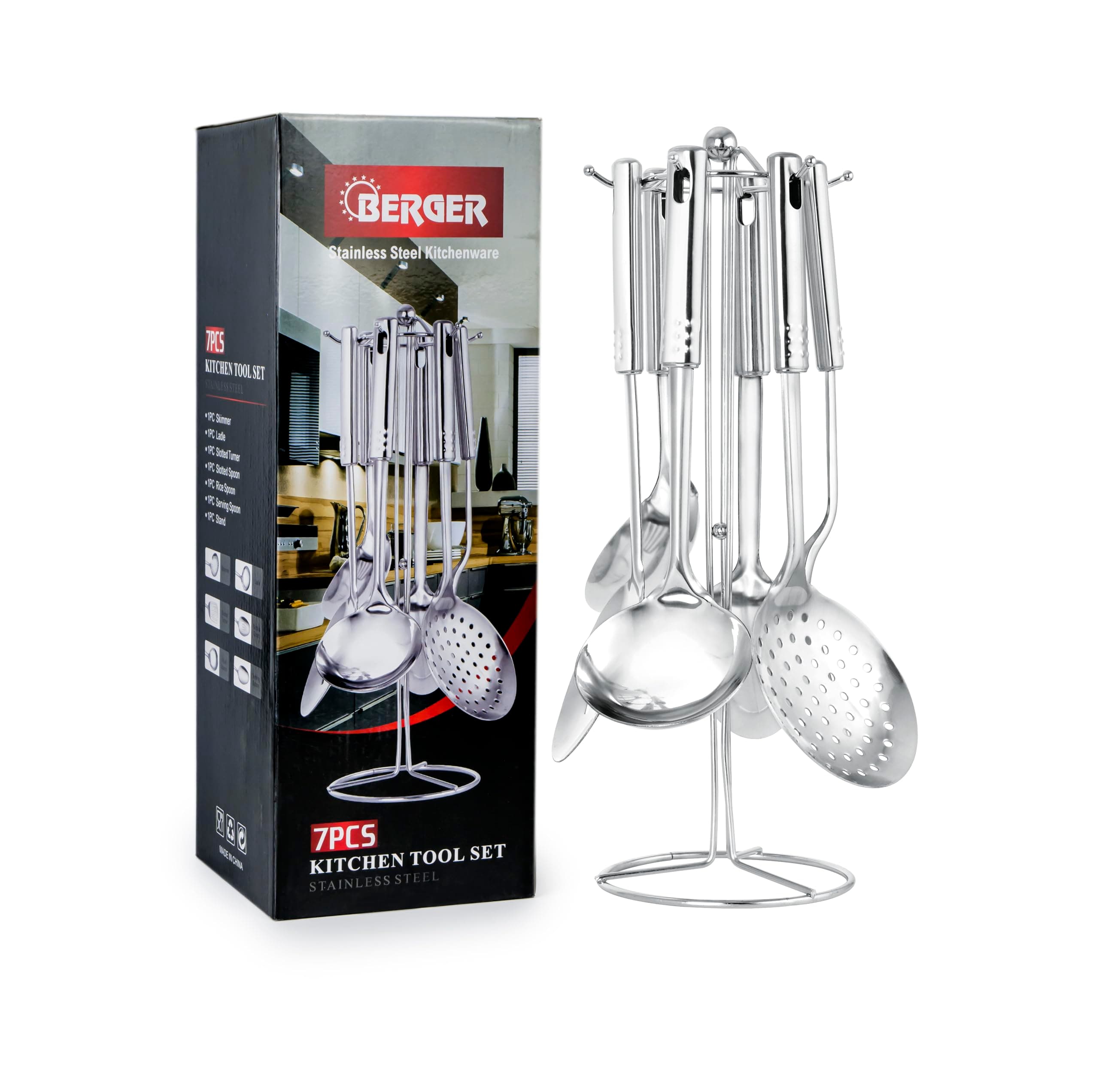 Berger Stainless Steel Kitchen Tools 7-Piece Set, Silver, Multifunctional Stainless Steel Kitchenware with Holder Stand