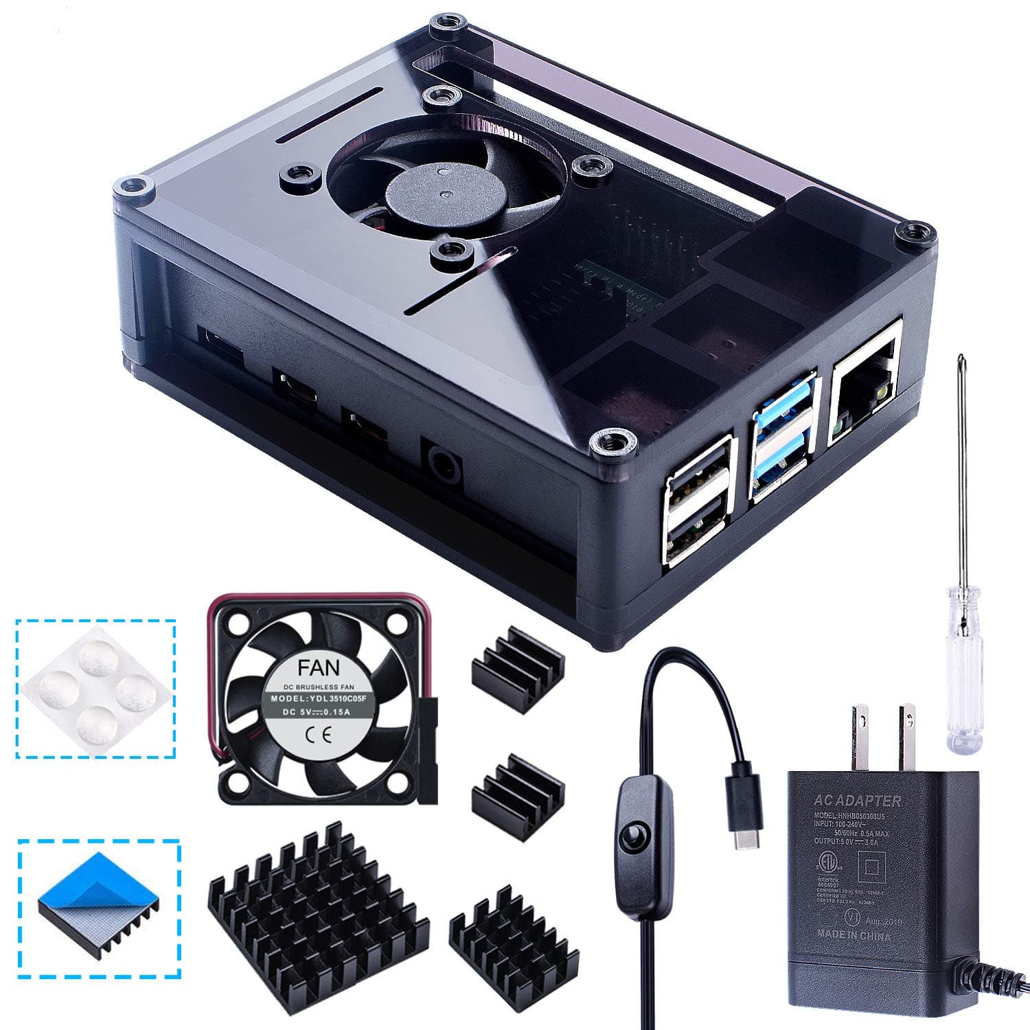 Smraza Acrylic Case for Raspberry Pi 4 Model B, Case with 35 MM Fan, 4PCS Heatsinks, 5V 3A USB-C Power Supply Compatible with Raspberry Pi 4 (Upgrade, Large Fan and Large Heat Sinks) -Black