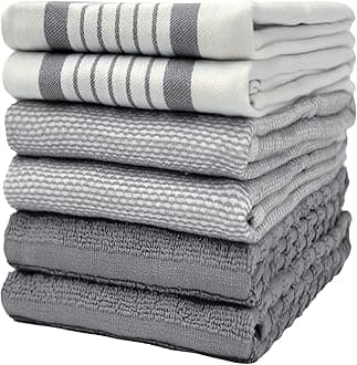 Premium Kitchen Towels (20”x 28”, 6 Pack) | Large Cotton Dish Towels | Flat & Terry Highly Absorbent Kitchen Linen Set with Hanging Loop | Grey Striped