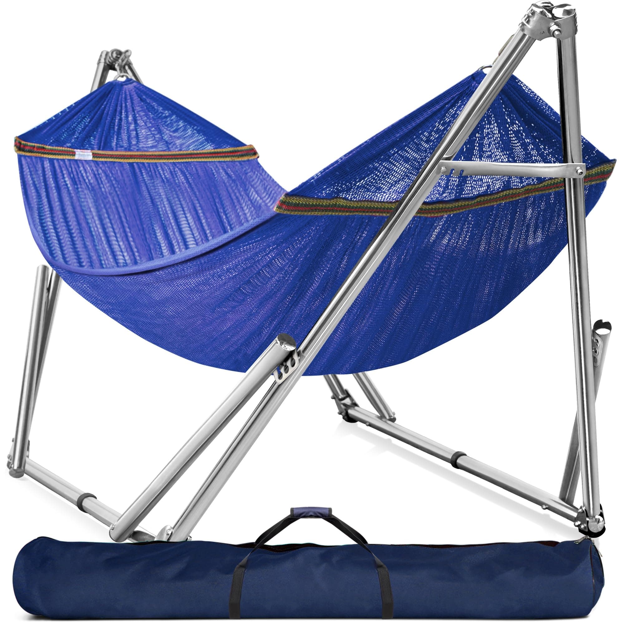 Double Hammock with Stand 650lb Capacity Double Hammock with Spreader Bar, Solid Grade 201 Stainless Steel 30s Set Up, Sturdy Flexible Hammock Stand Portable (Blue)