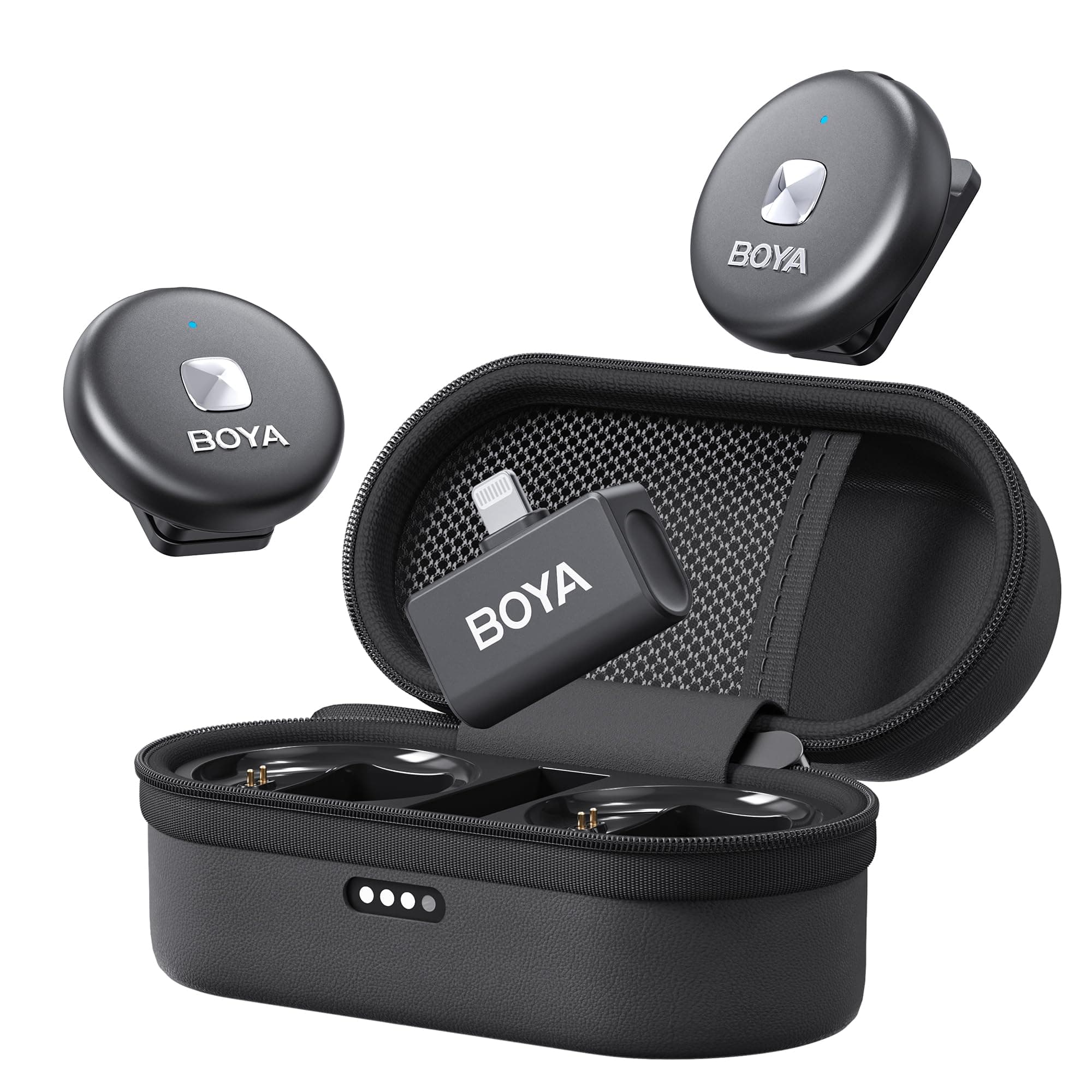 BOYA Wireless Lavalier Microphone for iPhone with Lightning Receiver, Noise Cancellation, 30Hrs Battery Life with Charging Case, 164FT Range, Wireless Mics for Video Recording, Black