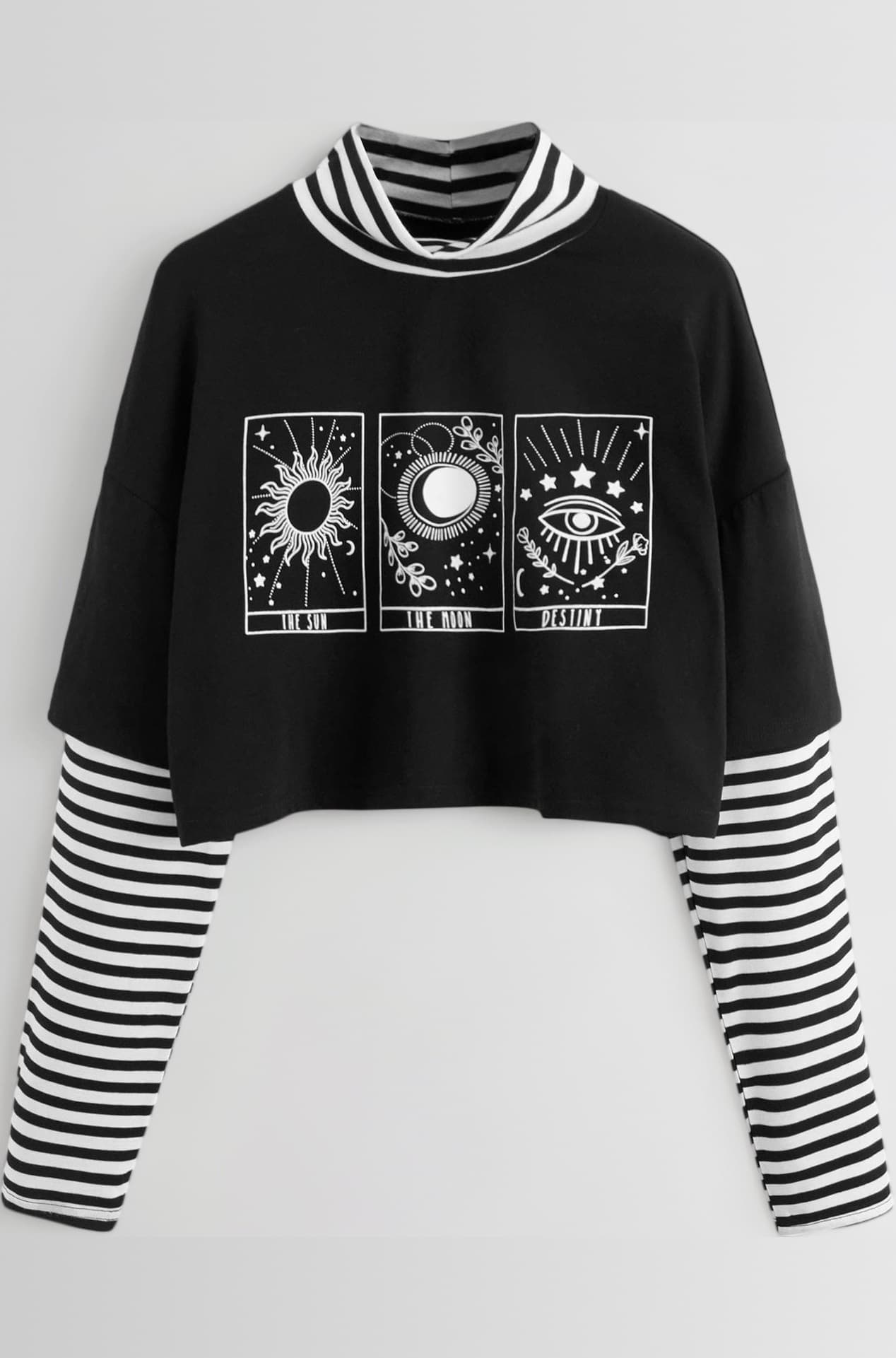 Women's Color Block Butterfly Print Striped Long Sleeve Crop Top T Shirt