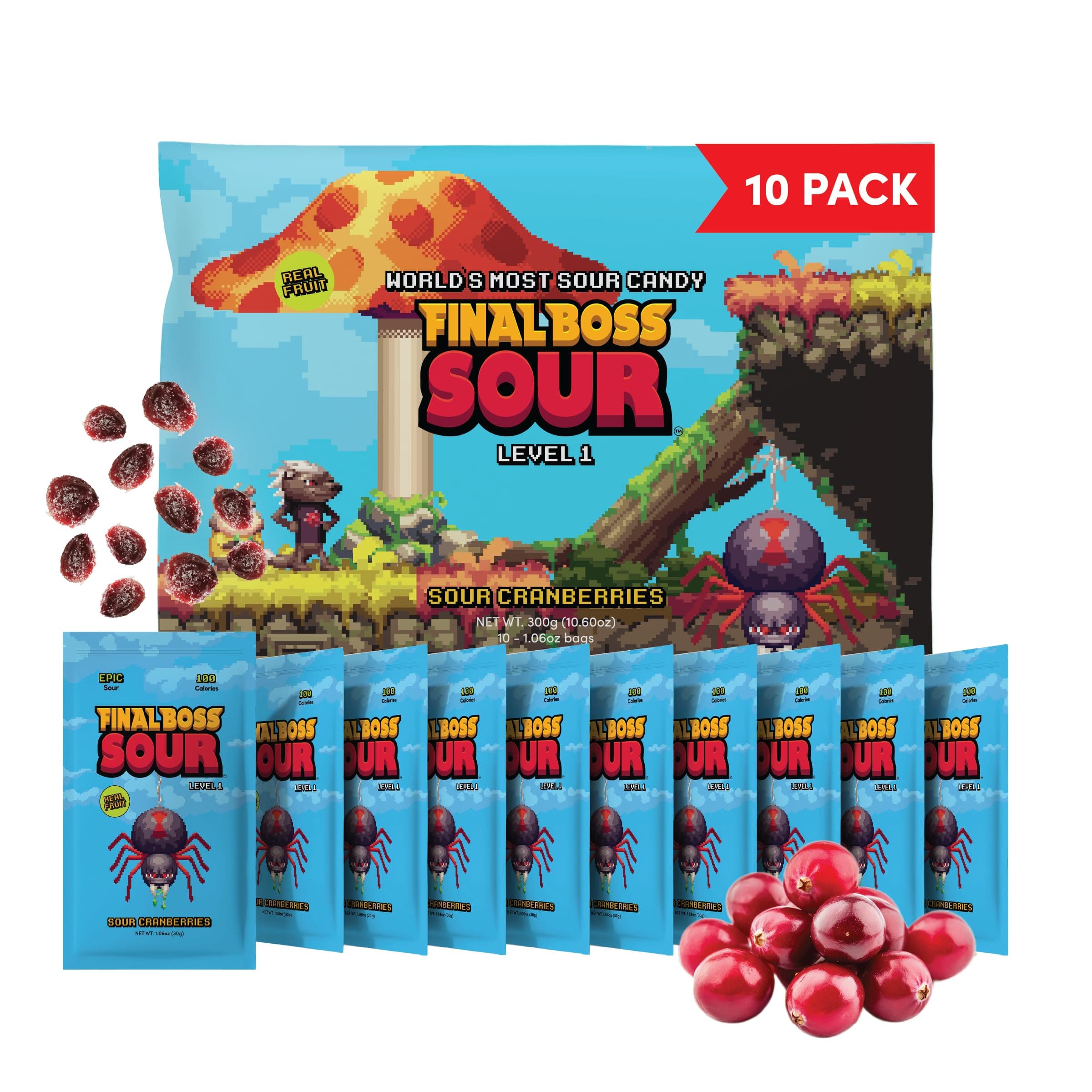Final Boss Sour Candy, Sour Cranberries, 10 Pack, Level 1, Fruit Chews with Real Dried Fruit, No Artificial Colors or Flavors, Low Calorie Snack for Kids, Teens, Adults, Lunch Boxes