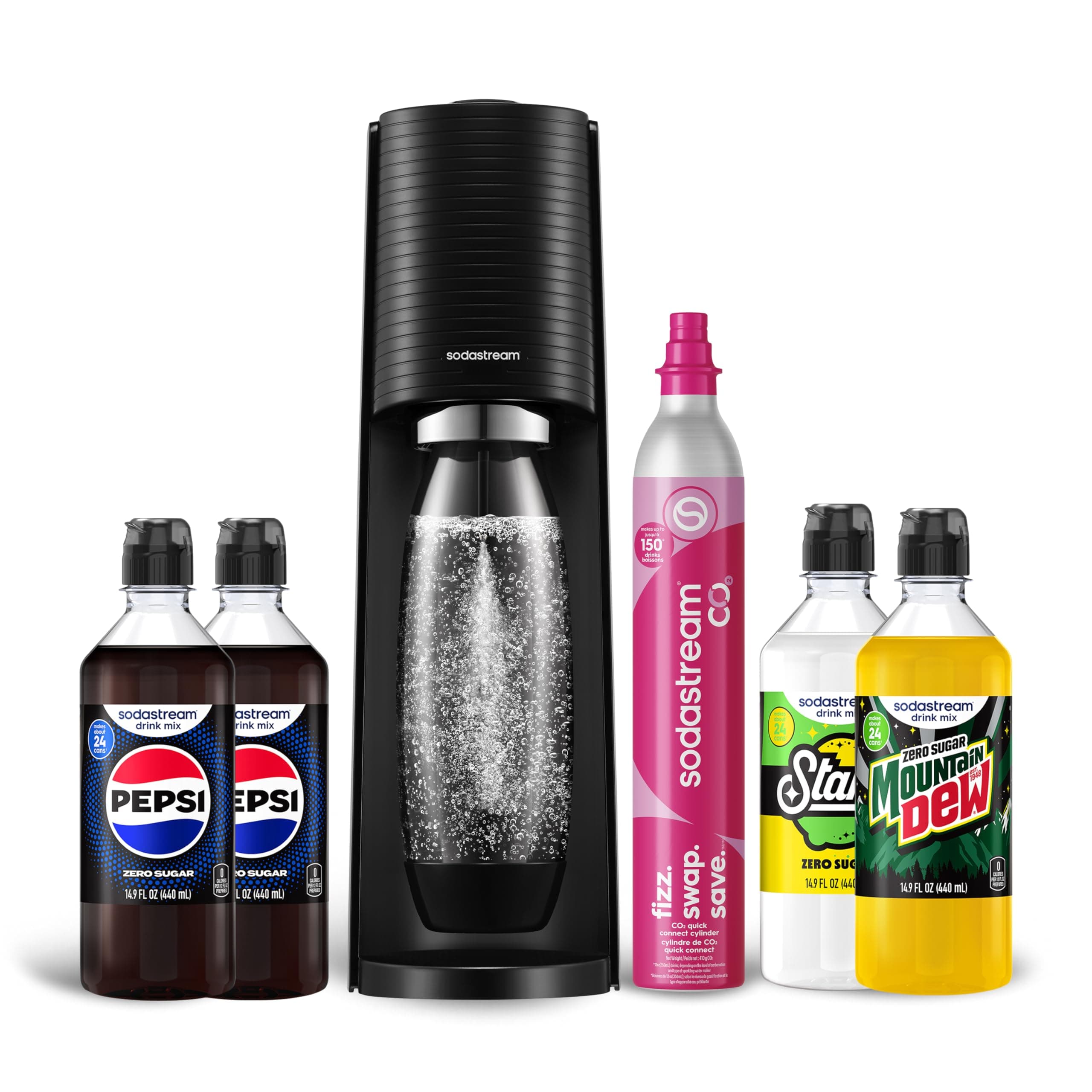 SodaStream Terra Sparkling Water Maker Bundle in Black - includes CO2, Carbonating Bottle, and Pepsi® Zero Sugar, Starry® Zero Sugar and MTN Dew® Zero Sugar 4-Flavor Variety Pack