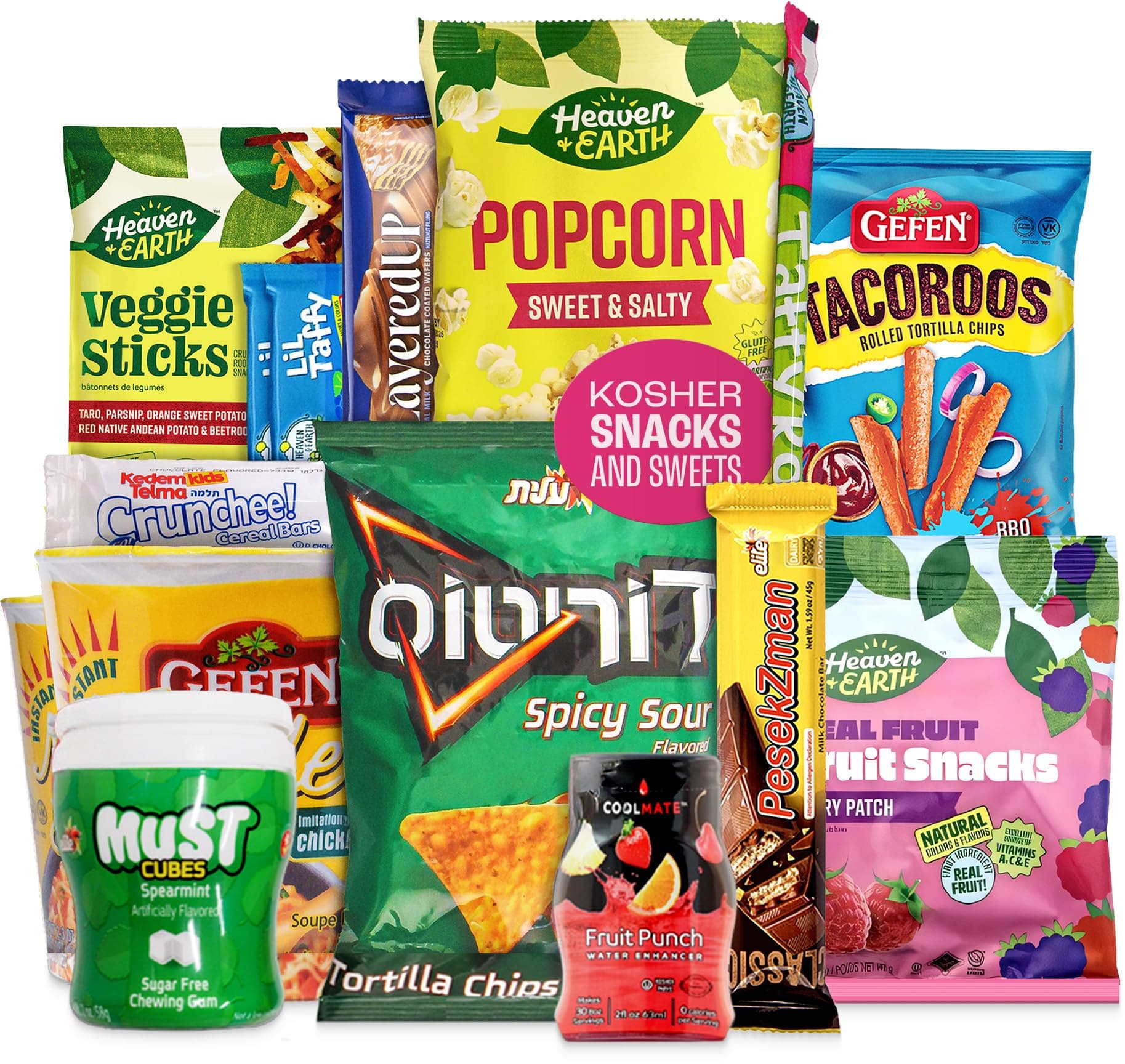 The Ultimate Kosher Snacks Box (15 Count), Kosher Care Package, Sweet & Savory Variety, Kid Favorite Gift Box - Gefen Noodle Soups - Must Gum - Fruit Punch - Candy & Snacks