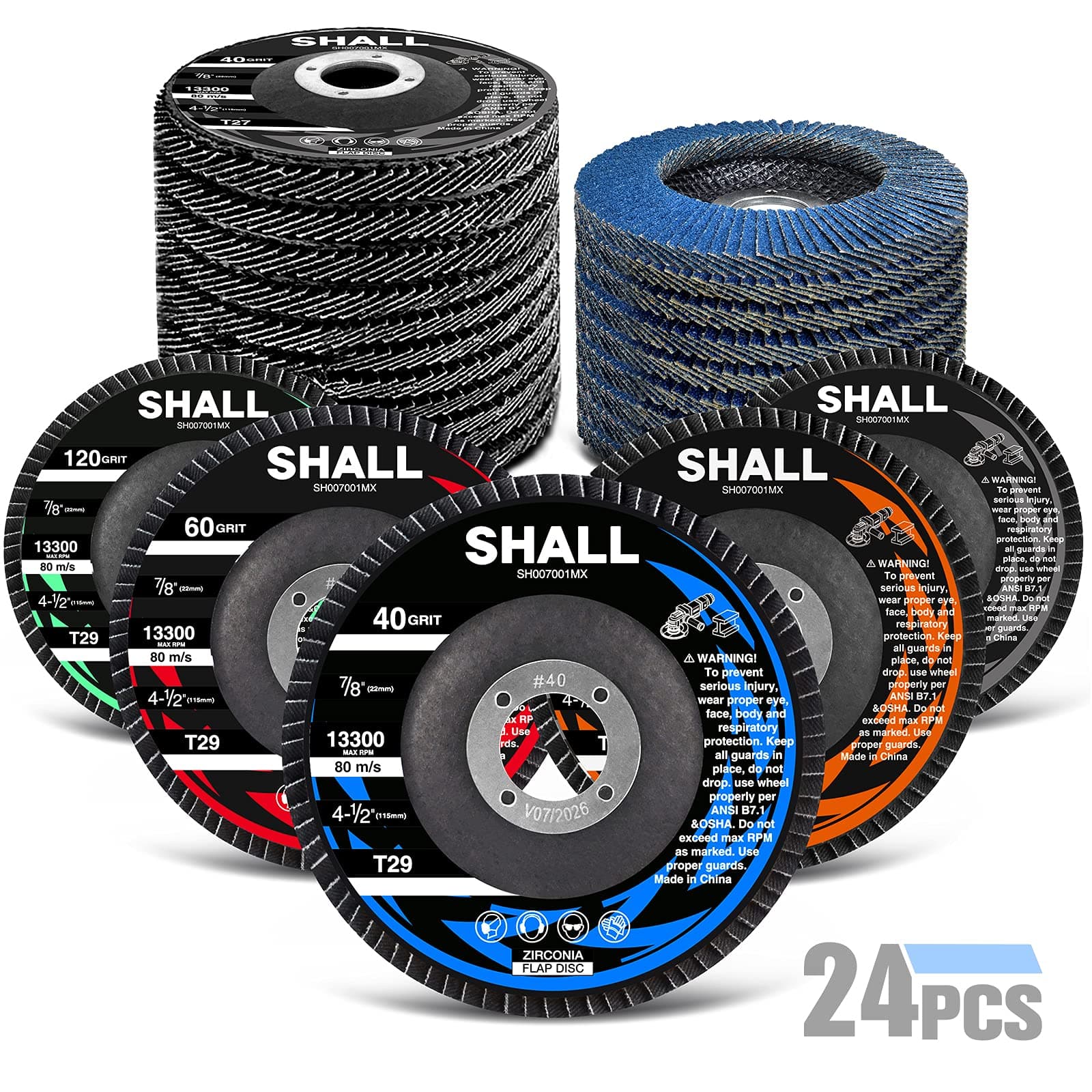 SHALL 24-Pack Flap Disc, 4.5" x 7/8" Zirconia Abrasive Grinding Wheel, 40/60/80/120 Grit T29 & 40 Grit T27 Angle Grinder Sanding Discs with Etched Grit Number Indication and 80pcs Emery Cloth Per Disc