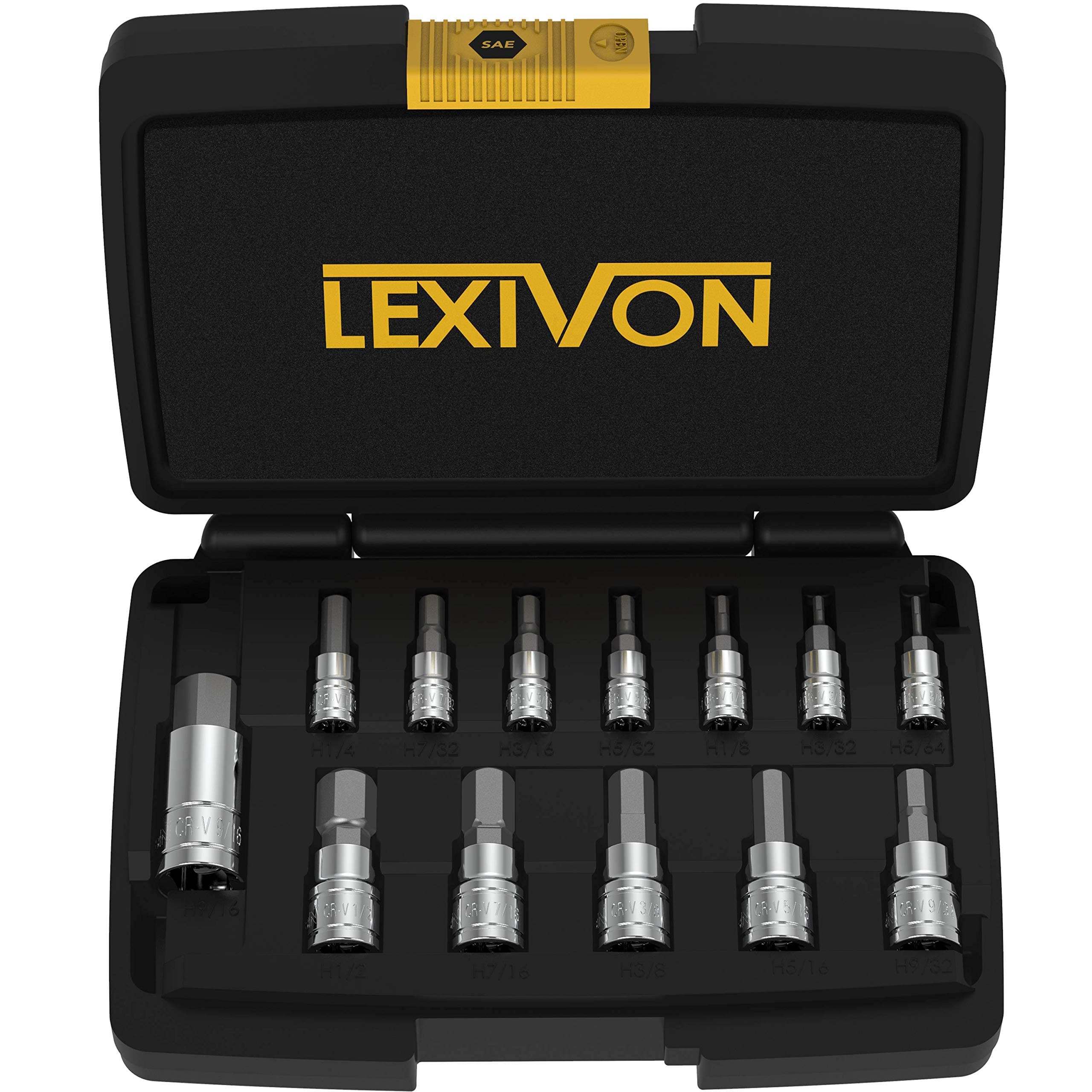 HEX Bit Socket Set, Premium S2 Alloy Steel | 13-Piece SAE 5/64" - 9/16" Set | Enhanced Storage Case (LX-142)