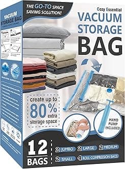 Cozy Essential Vacuum Storage Bags, 80% Compression Vacuum Seal Space Saver Plastic Packaging Bags for Clothes, Blankets, Pillow, Bedding, Comforters, Sealer Clothing Storage,12 Combo