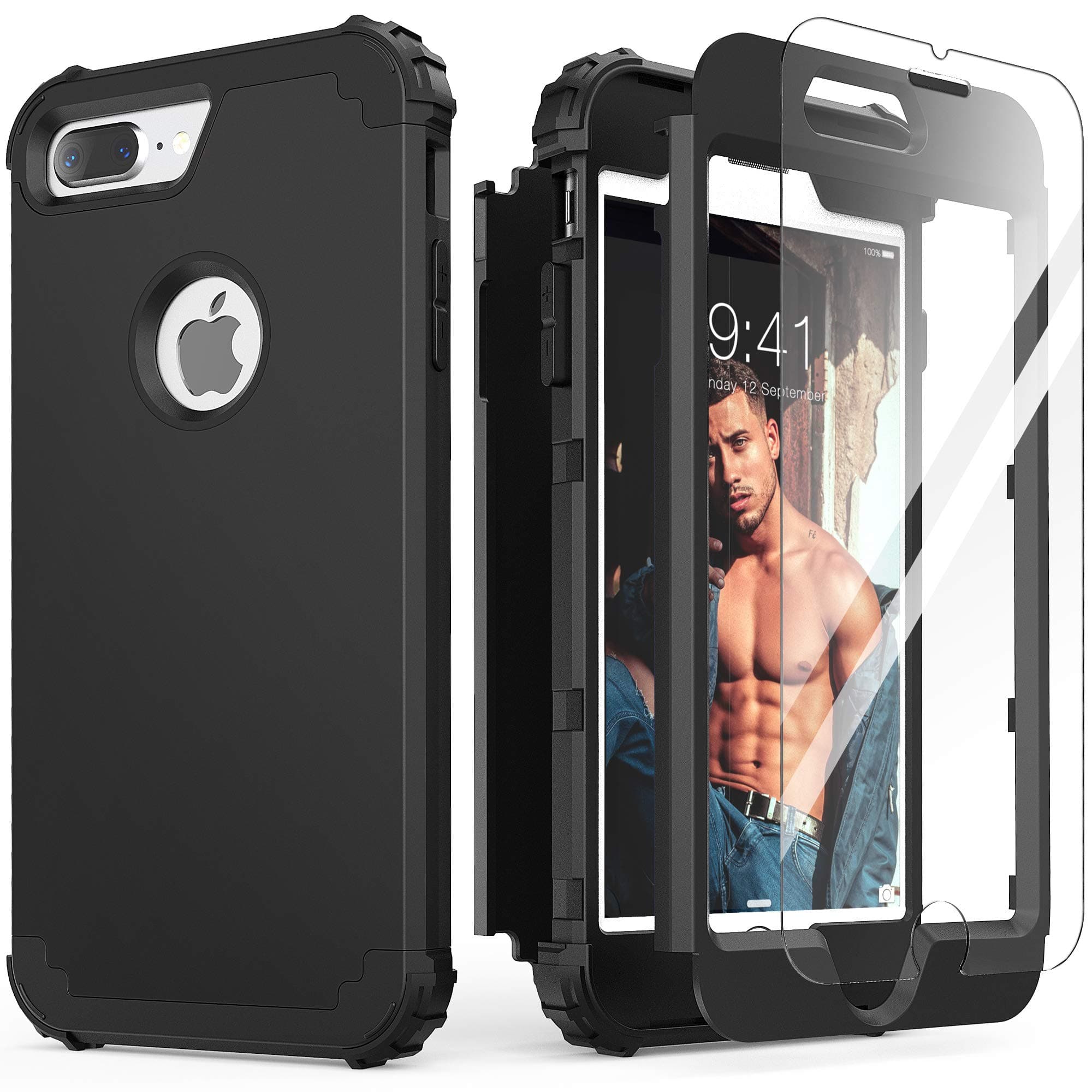 IDweel for iPhone 8 Plus Case, for iPhone 7 Plus Case with Tempered Glass Screen Protector, 3 in 1 Shockproof Slim Hybrid Heavy Duty Hard PC Cover Soft Silicone Bumper Full Body Cover, Black