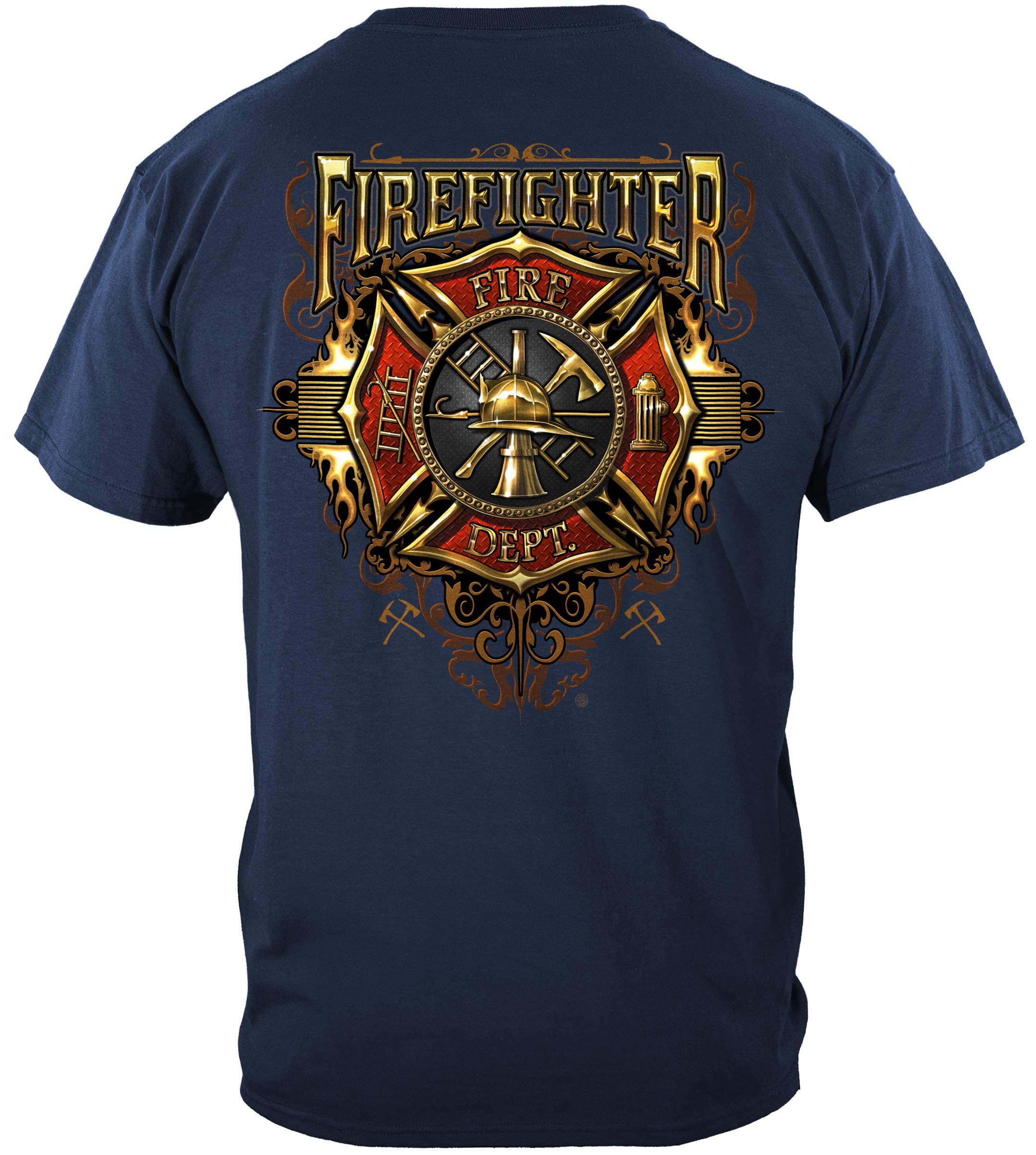 Erazor Bits Firefighters T Shirt | Firefighter Flames Gold Sield T Shirt FF2333