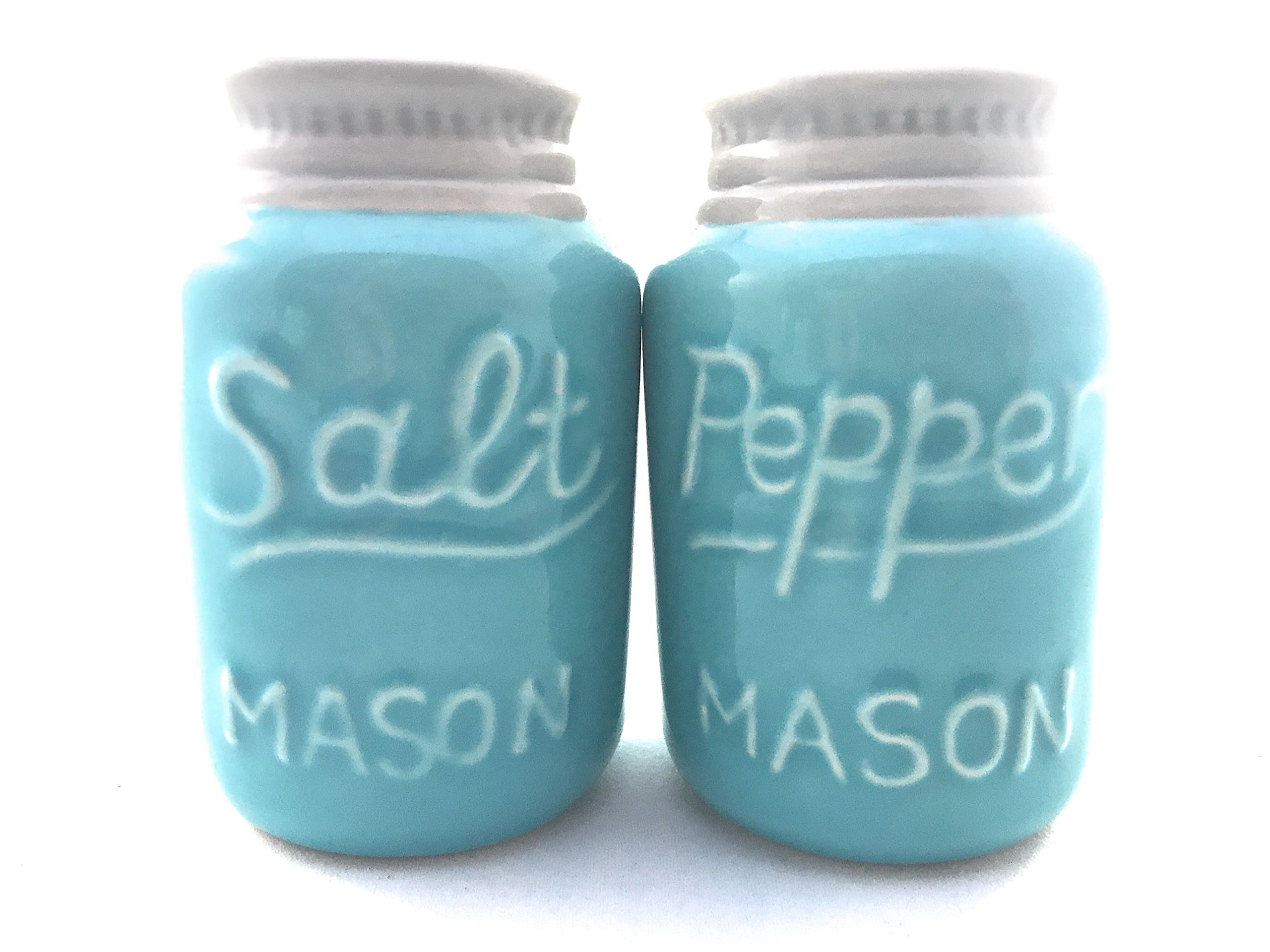 Rustic Ceramic Mason Jar Salt and Pepper Shaker Set - Vintage Style Blue - Retro Antique Farmhouse Decor - Nostalgic Country Ranch Home Kitchen Decoration Cabin Coffee Shop Cafe or Diner Shabby Chic
