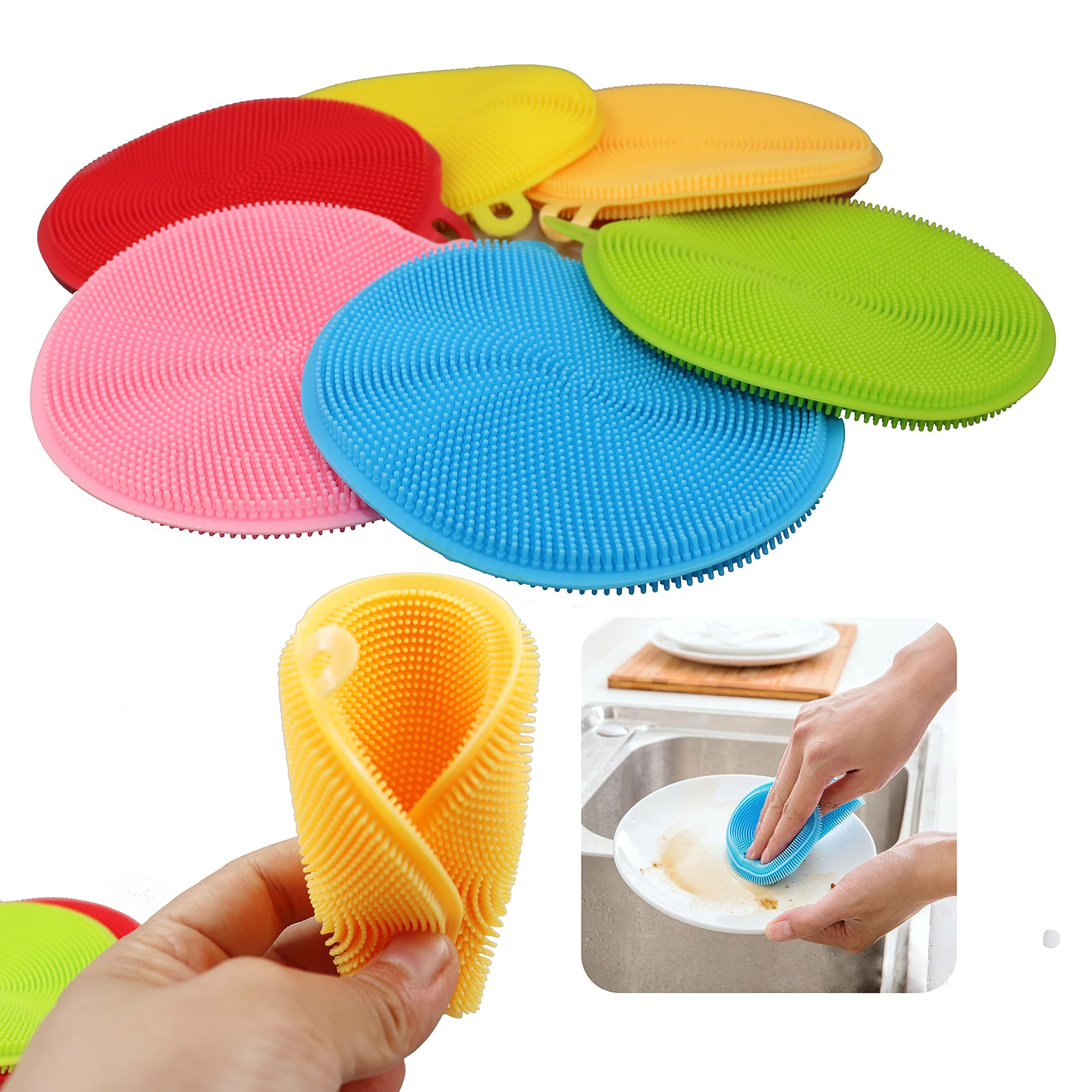 Silicone Sponge Dish Washing Kitchen Scrubber, AUSAYE 6 Pack Magic Non Stick Cleaning Smart Kitchen Gadgets Sponge Multipurpose Better Sponges Brush Accessories