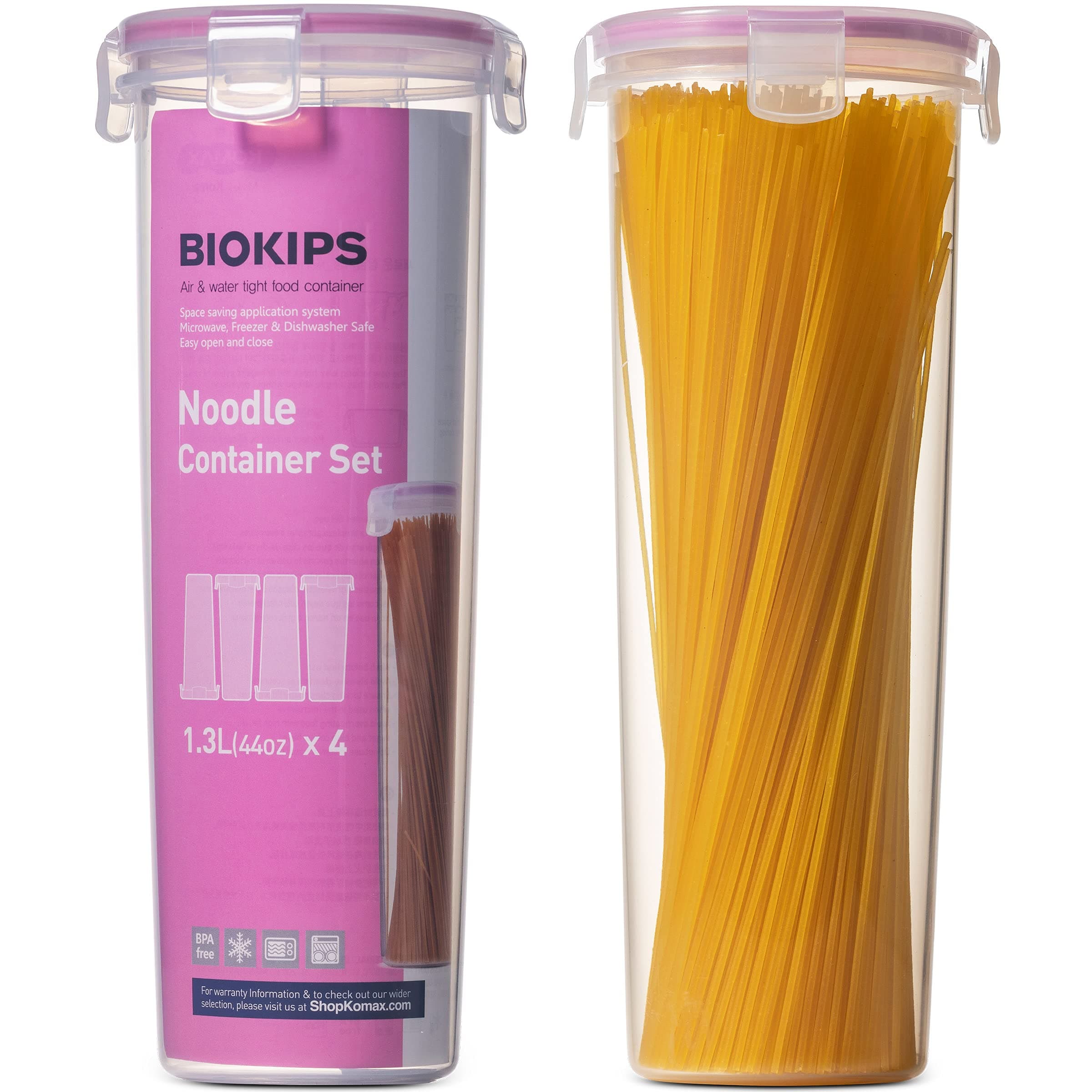 KomaxBiokips Spaghetti Container Storage Noodle/Pasta Container 44oz (set of 4) - Airtight, Leakproof with Locking Lids - BPA Free Plastic - Microwave, Freezer, and Dishwasher Safe Pasta Holder