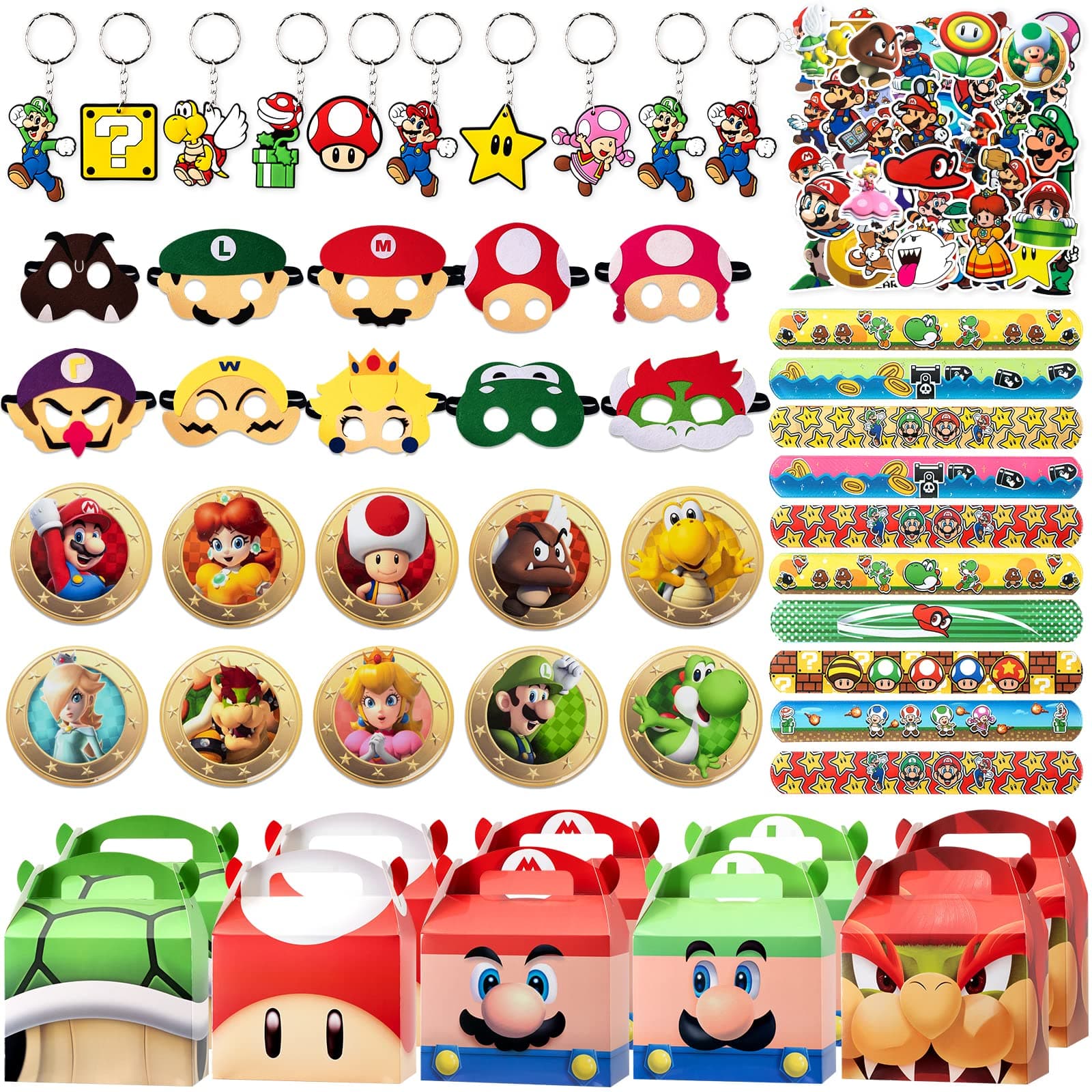 Momkutei 100 Pcs Party Favors Include 10 Keychains, 10 Pattern Decorations,10 wristbands,10 boxes and 50 Stickers for Kids, Best Gift Bag Filler for Themed Party.