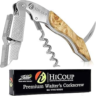 Hicoup Wine Opener - Professional Corkscrews for Wine Bottles w/Foil Cutter and Cap Remover - Manual Wine Key for Servers, Waiters, Bartenders and Home Use - Wood, Bai Ying