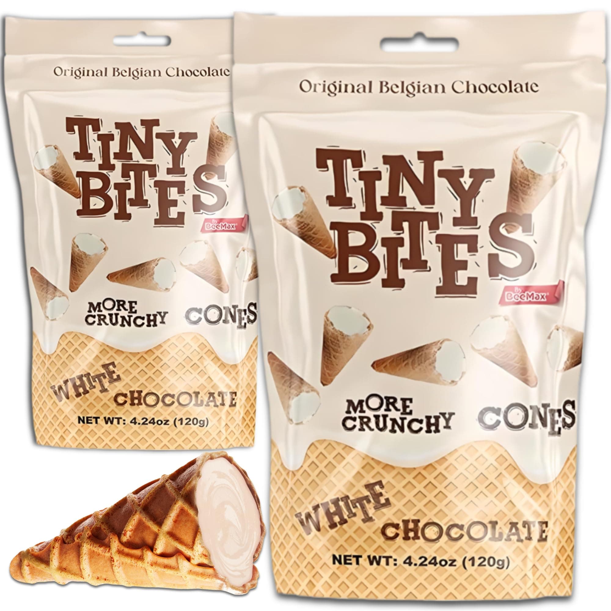 Tiny Bites - Crispy Mini Waffle Cones Treats - Premium Belgian Chocolate, 4.24 oz Bag (Pack of 2) - Delicious Variety of Flavors, Perfect Snack, Dessert, or Ice Cream Topping (2 Pack, White Chocolate)