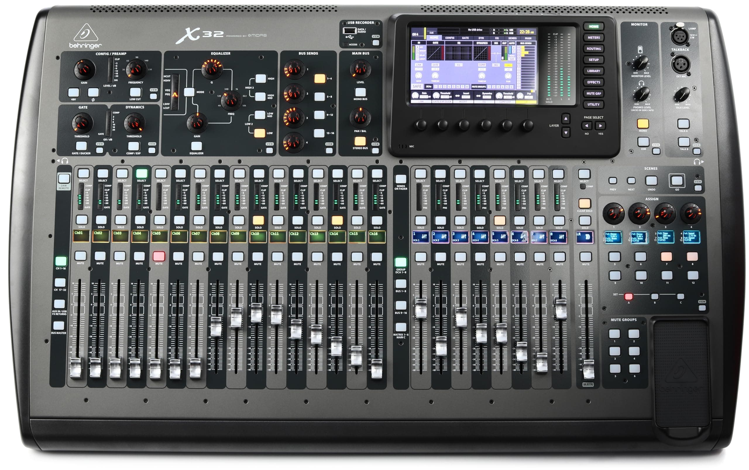 X32 40-Input, 25-Bus Digital Mixing Console with 32 Programmable Midas Preamps, 25 Motorized Faders, Channel LCD's, 32-Channel Audio Interface and iPad/iPhone