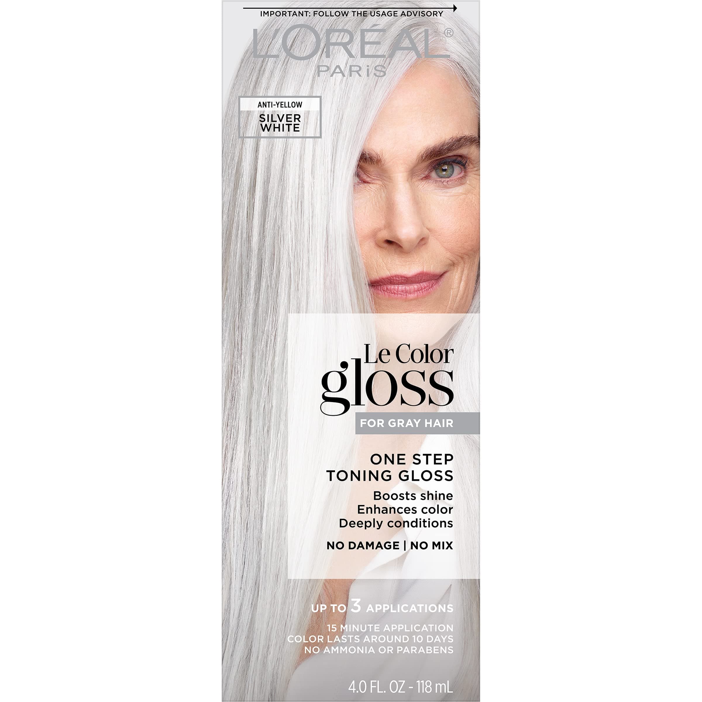 L’Oreal Paris Le Color Gloss One Step Toning Gloss, In-Shower Hair Toner with Deep Conditioning Treatment Formula for Gray Hair, Silver White, 1 Kit