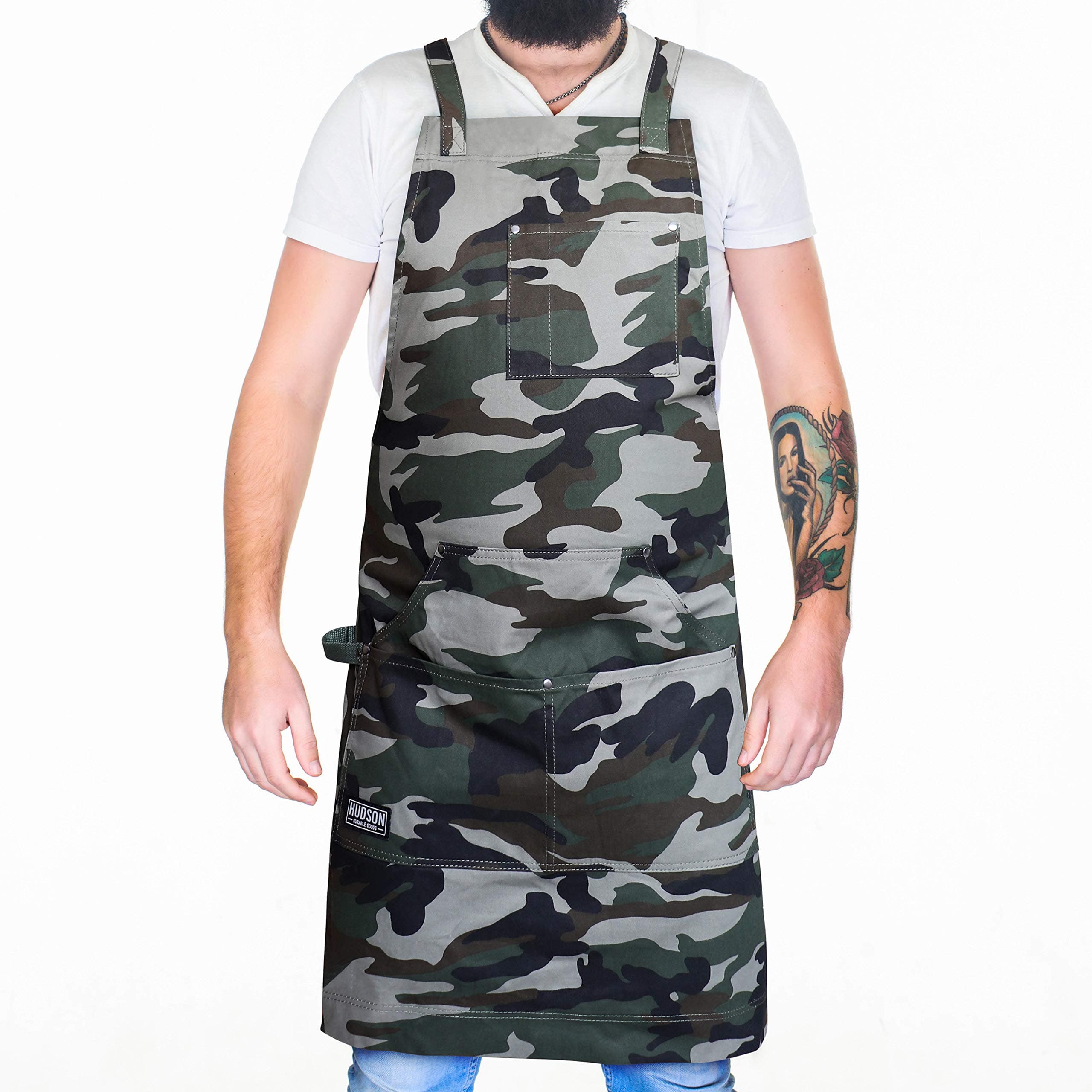 Hudson Durable Goods - Professional Grade Chef Apron for Kitchen, BBQ & Grill, Camouflage, M to XL