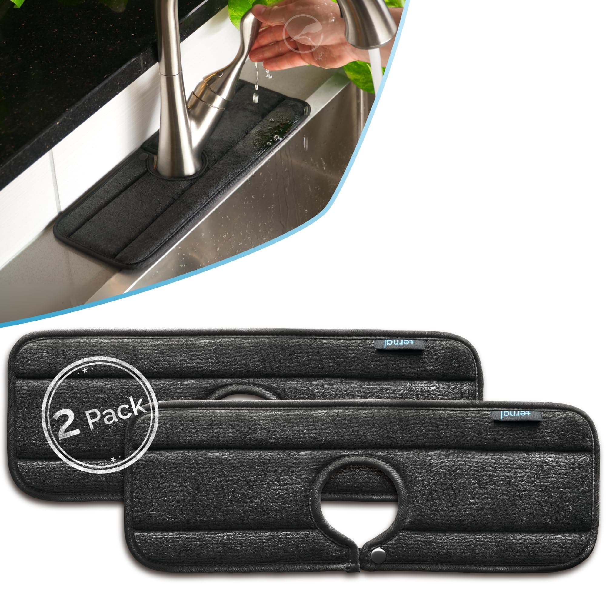 Ternal Sinkmat for Kitchen Faucet, Original Design, Absorbent Microfiber Fabric, Machine Washable Splash Guard & Drip Catcher For Around Faucet Handle [Black, Standard, 2 Pack]