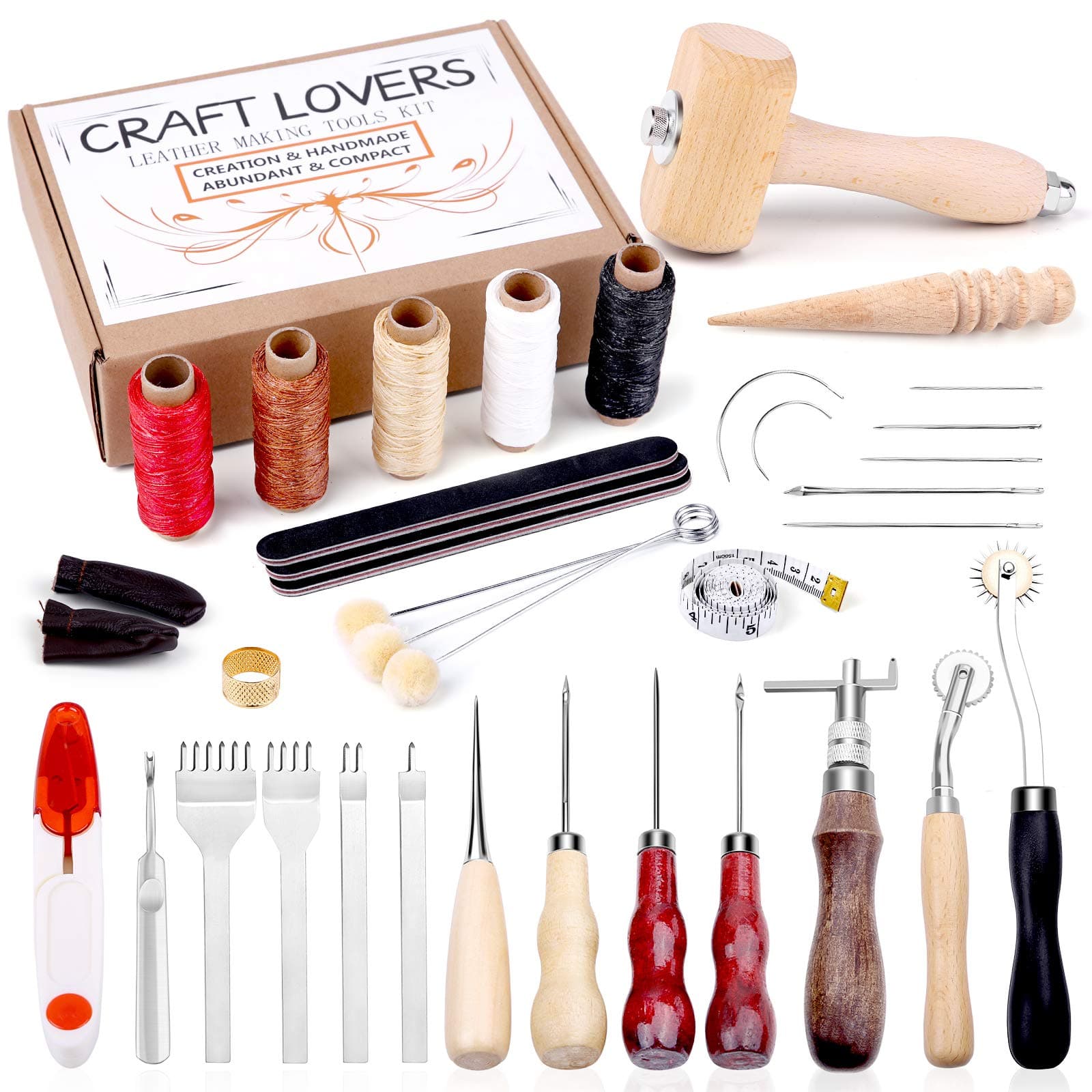 37 Pieces Leather Working Tools and Supplies, Leather Working Kit with Prong Punch, Waxed Thread, Tracing Wheel, Instructions, Leather Craft Tool Starter Kit for Leather Craft Making