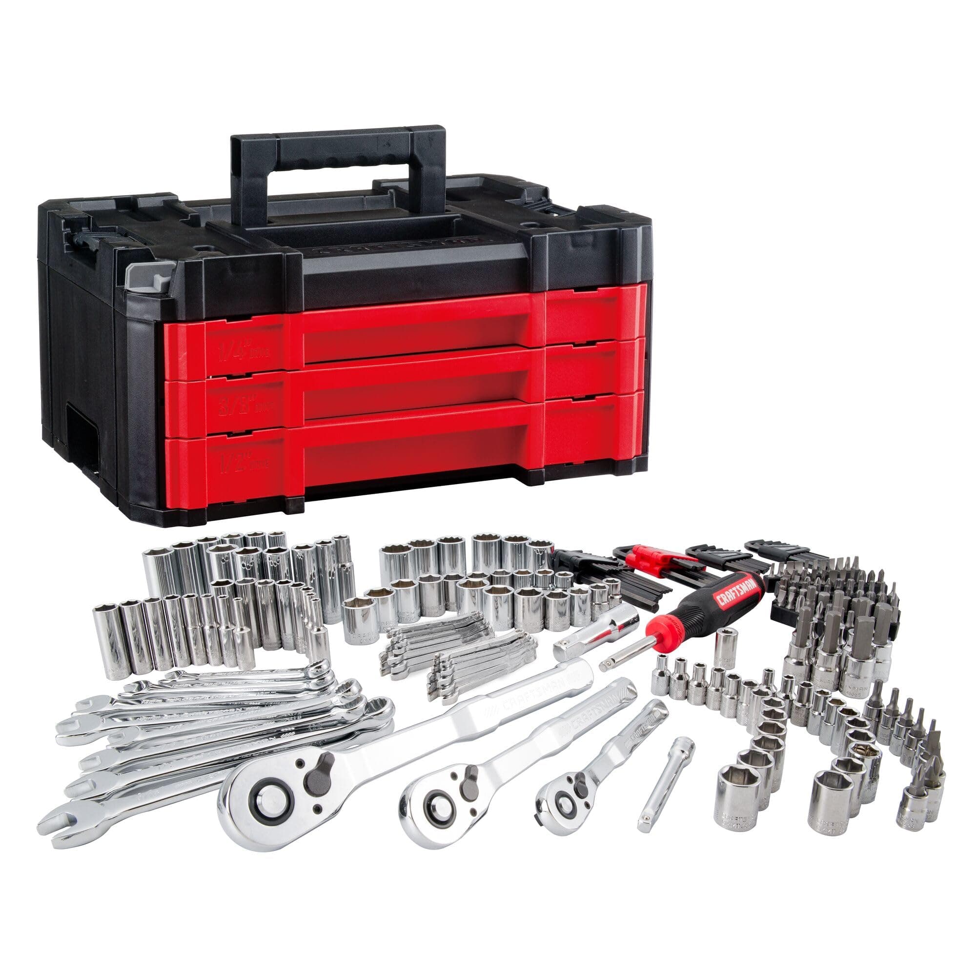 CRAFTSMAN 230 Pcs Mechanics Tool Set, Socket Wrench Set, Car Tool Kit with VERSASTACK Toolbox, SAE and Metric,1/4 in, 3/8 in, and 1/2 Drive, Short and Long Arm Hex Keys (CMMT45306)