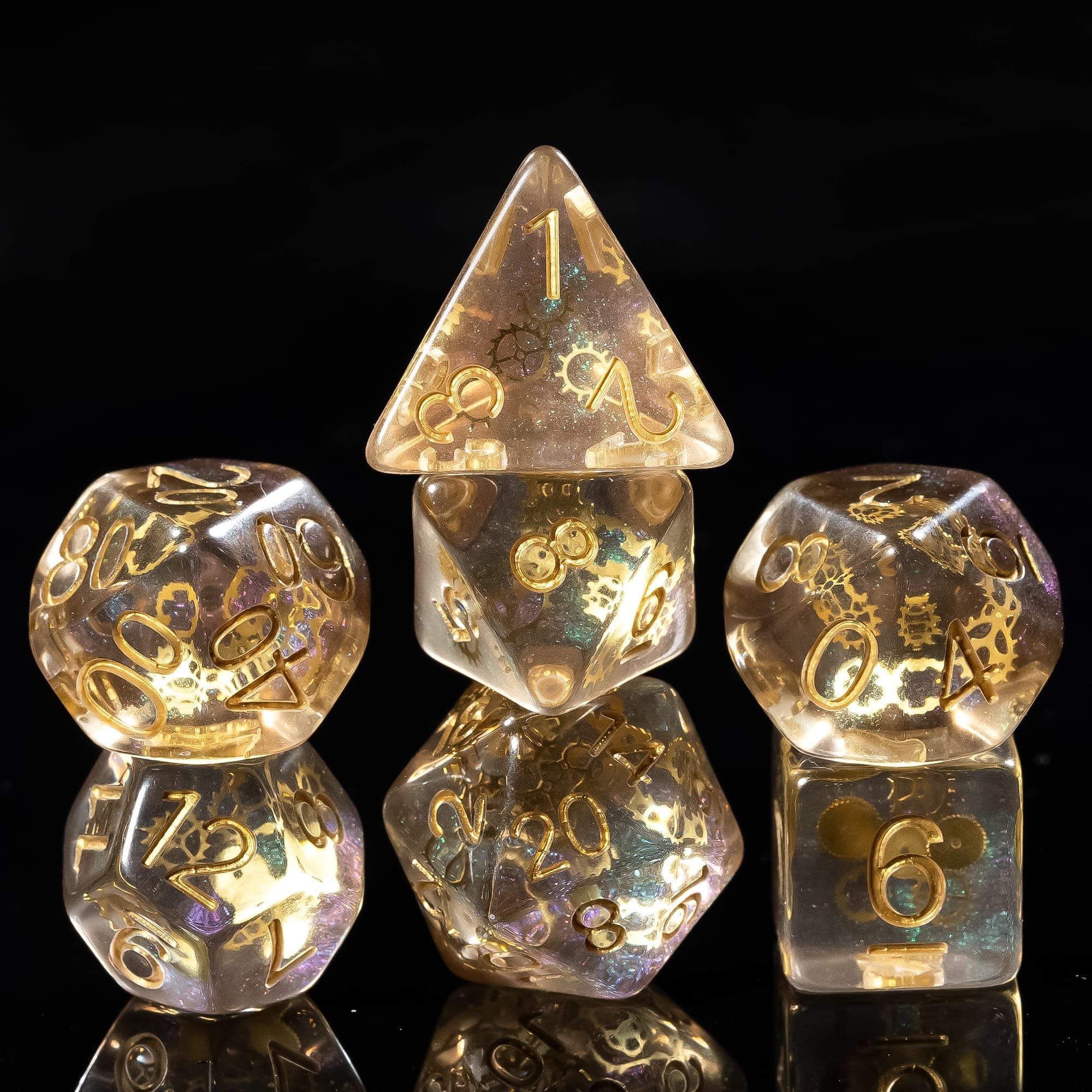 Cusdie DND Dice Set Filled with Gears Polyhedral Dice Sets for Playing DND Dice (Galaxy w/Golden Gears)