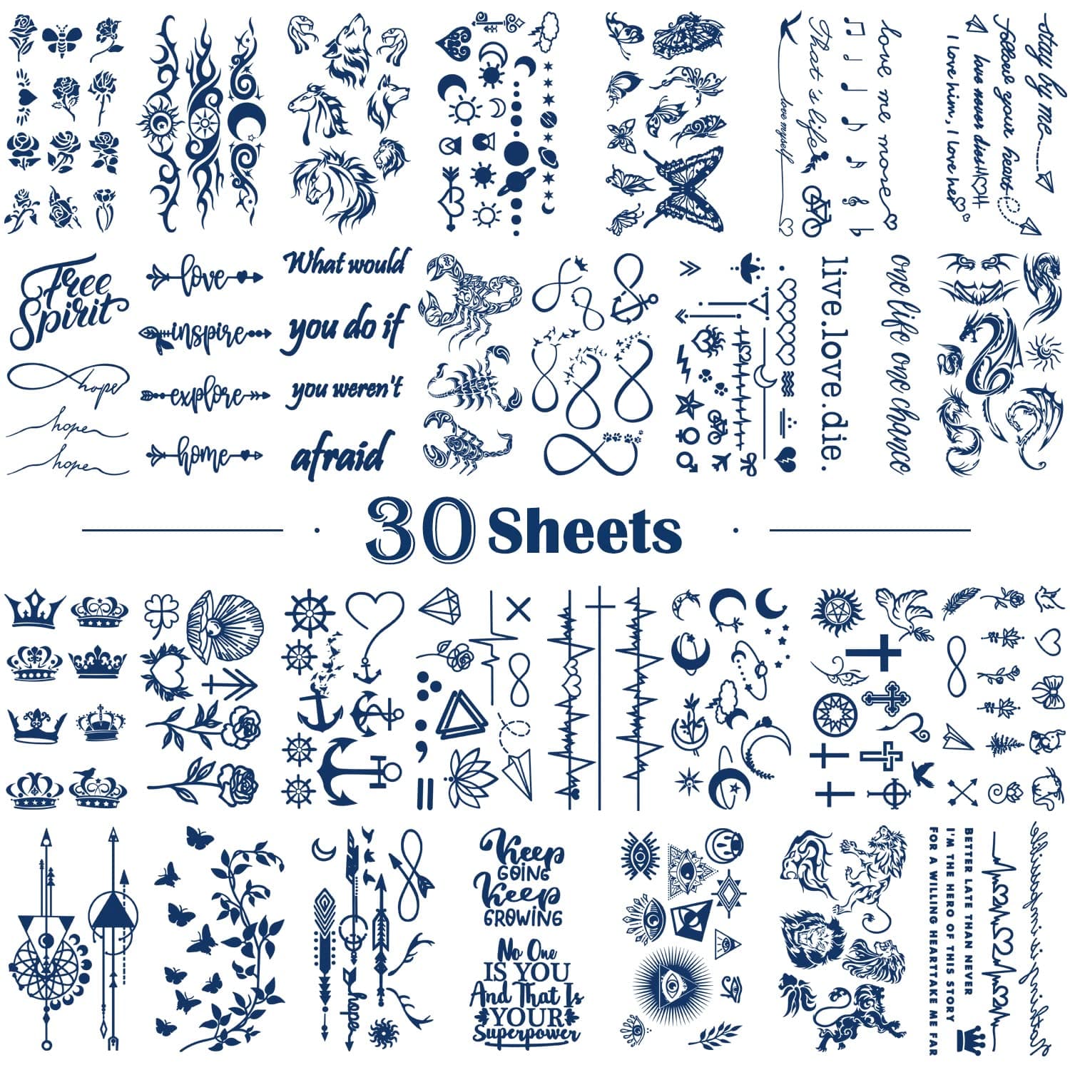 Metuu30 Sheets Semi-Permanent Tattoos Waterproof Last 1-2 Weeks，Positive Words Flower Crown Butterfly Tiny Fake Temporary Tattoo Stickers For Women Men Girls