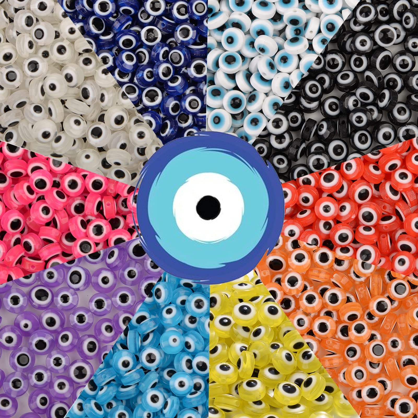 500Pcs Evil Eye Beads,8mm 10 Style Evil Eye Beads for Jewelry Making,Flat Evil Eye Spacer Beads for DIY Jewelry Bracelet Earring Necklace Craft Making