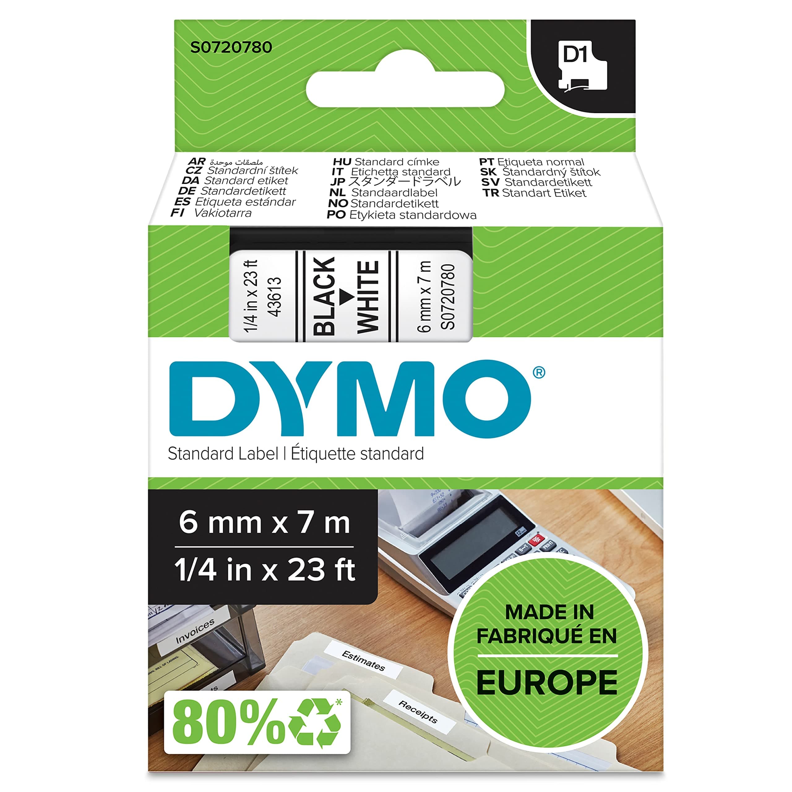 DYMO Authentic D1 Labels | Black Print on White Tape | 6 mm x 7 m | Self-Adhesive Labels for LabelManager Label Makers | Made in Europe