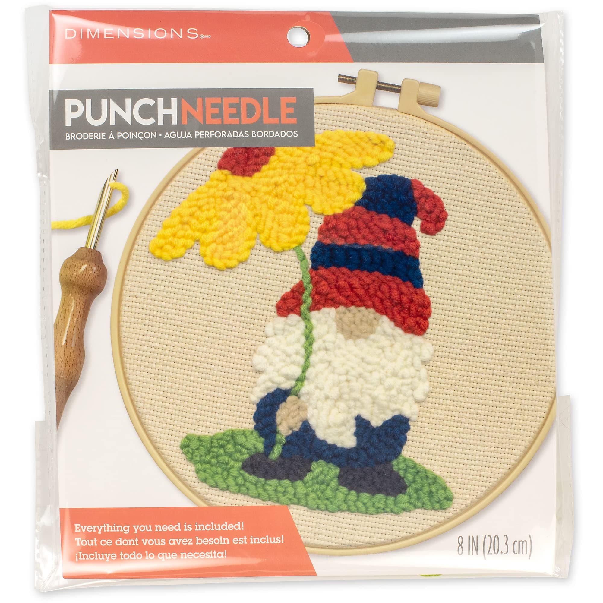 Dimensions Floral Gnome Punch Needle Set for Beginners, 8" Diameter, Multicolor 7 Piece