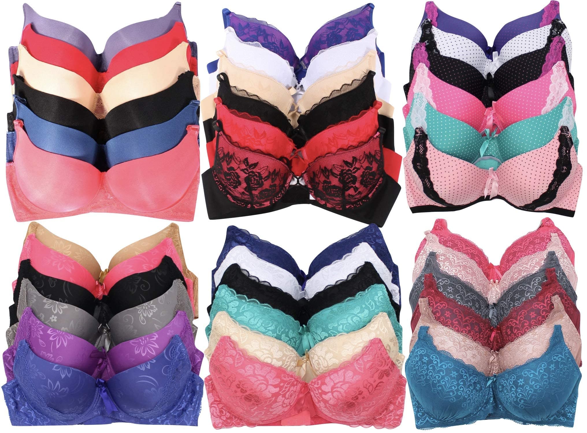 Women’s 6 Pack Random Selection Padded Support Bras - Sizes 30A to 46DDD