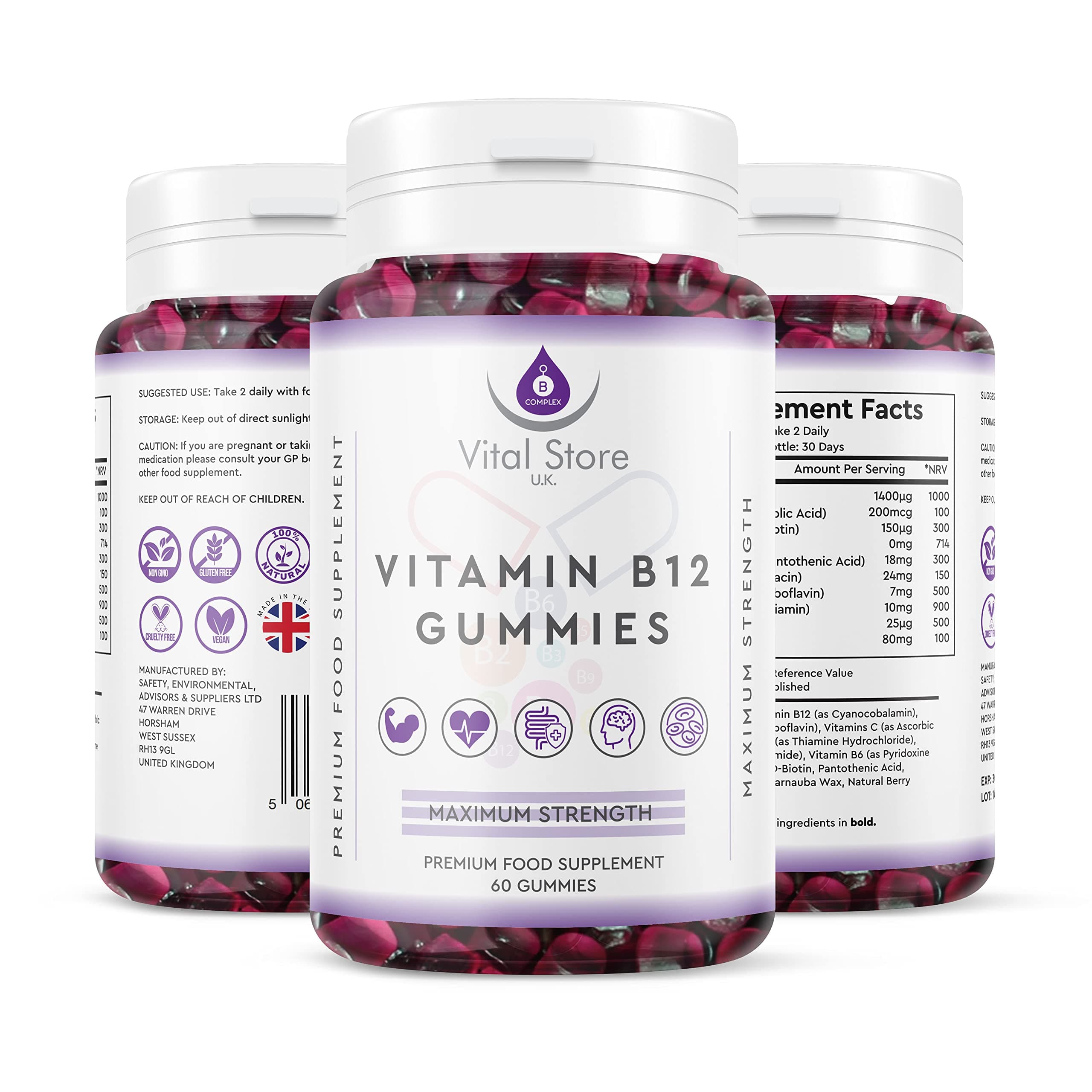 Vital Store U.KVitamin B Complex Gummies - 2800MCG Per Serving - 60ct Berry Flavoured Sugar Free Vegan Gummies - with Added Vitamin C, D & B12,9,7,6,5,3,2,1, 60 Count (Pack of 1)