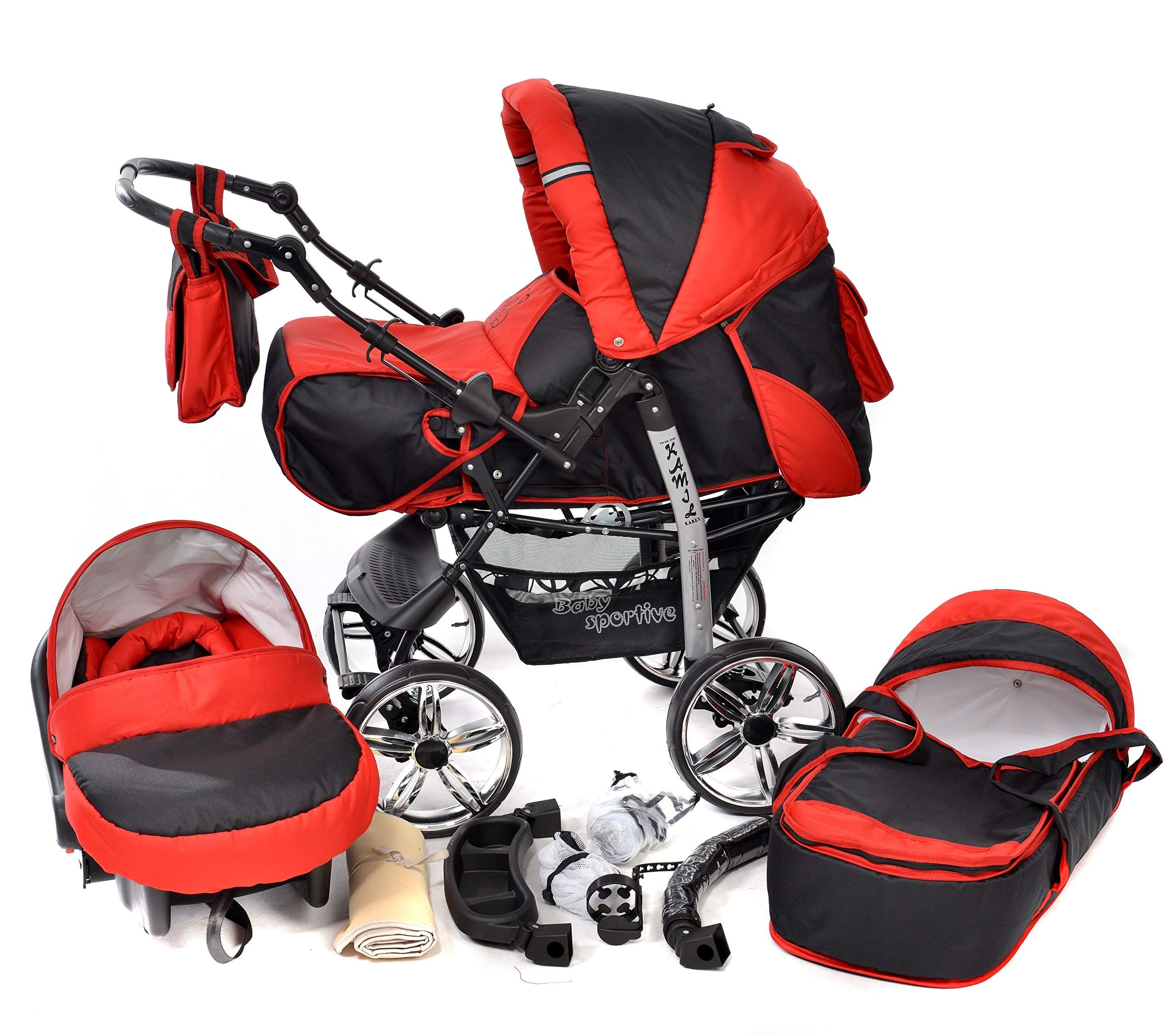 Kamil, Classic 3-in-1 Travel System with 4 Static (Fixed) Wheels incl. Baby Pram, Car Seat, Pushchair & Accessories (3-in-1 Travel System, Black & Red)
