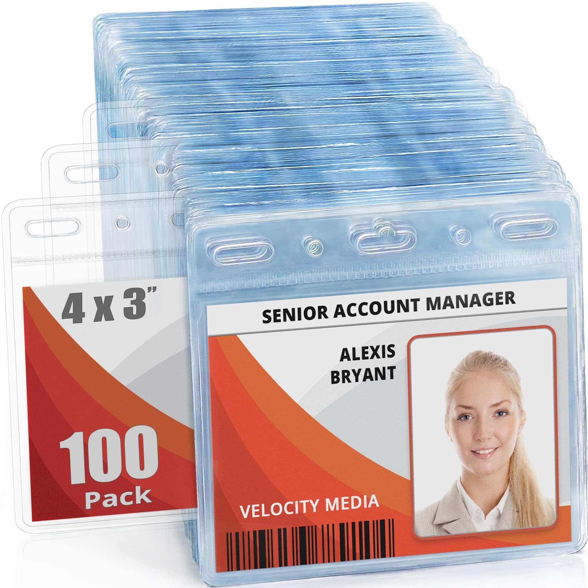 Mifflin-USA Card Protector (4x3 Inch, Clear, Bulk 100 Pack) Quick Load Horizontal No Zipper Name ID Badge Holder