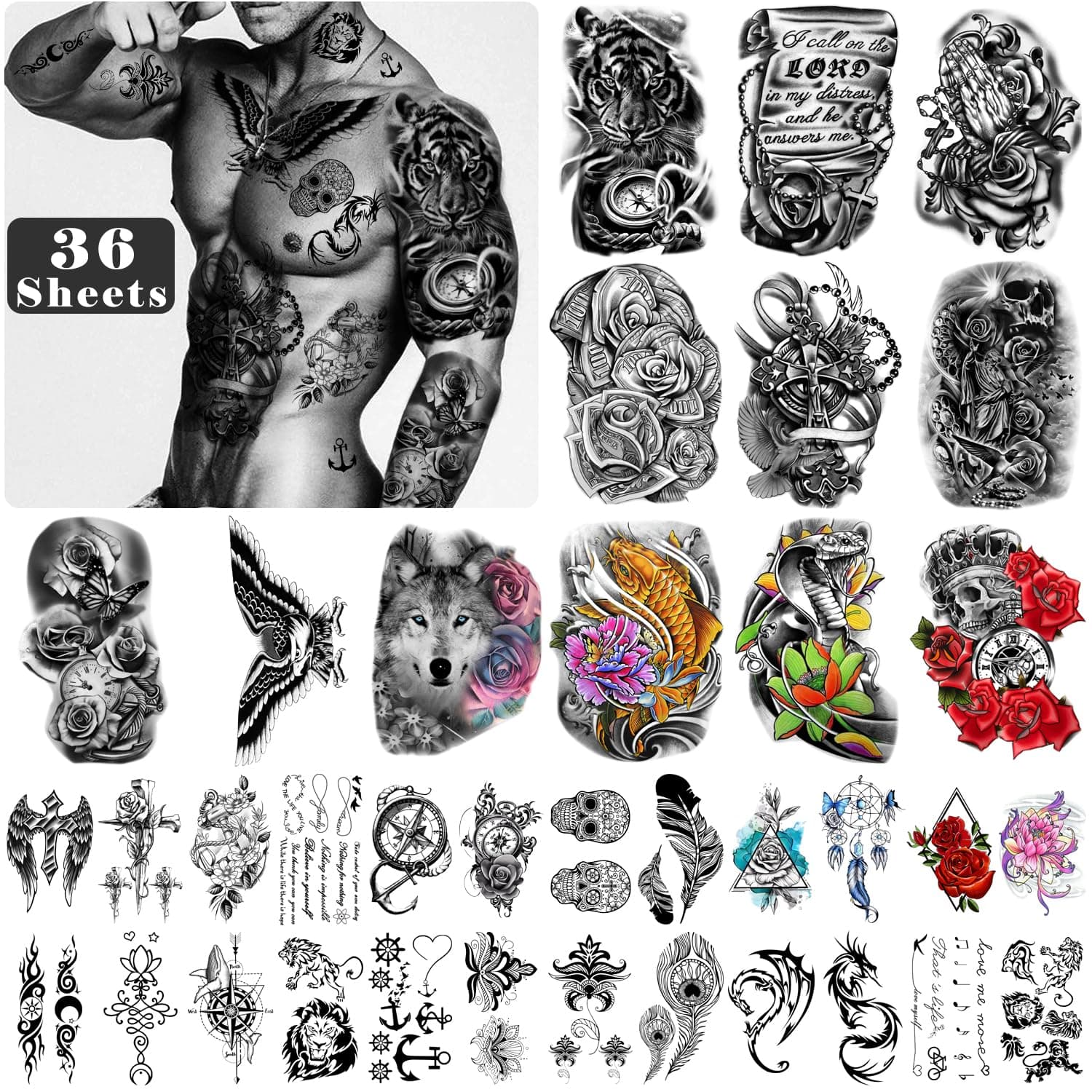 Yazhiji 36 Sheets Temporary Tattoos Stickers (Include 12 Sheets Large Stickers), Fake Body Arm Chest Shoulder Tattoos for Men and Women